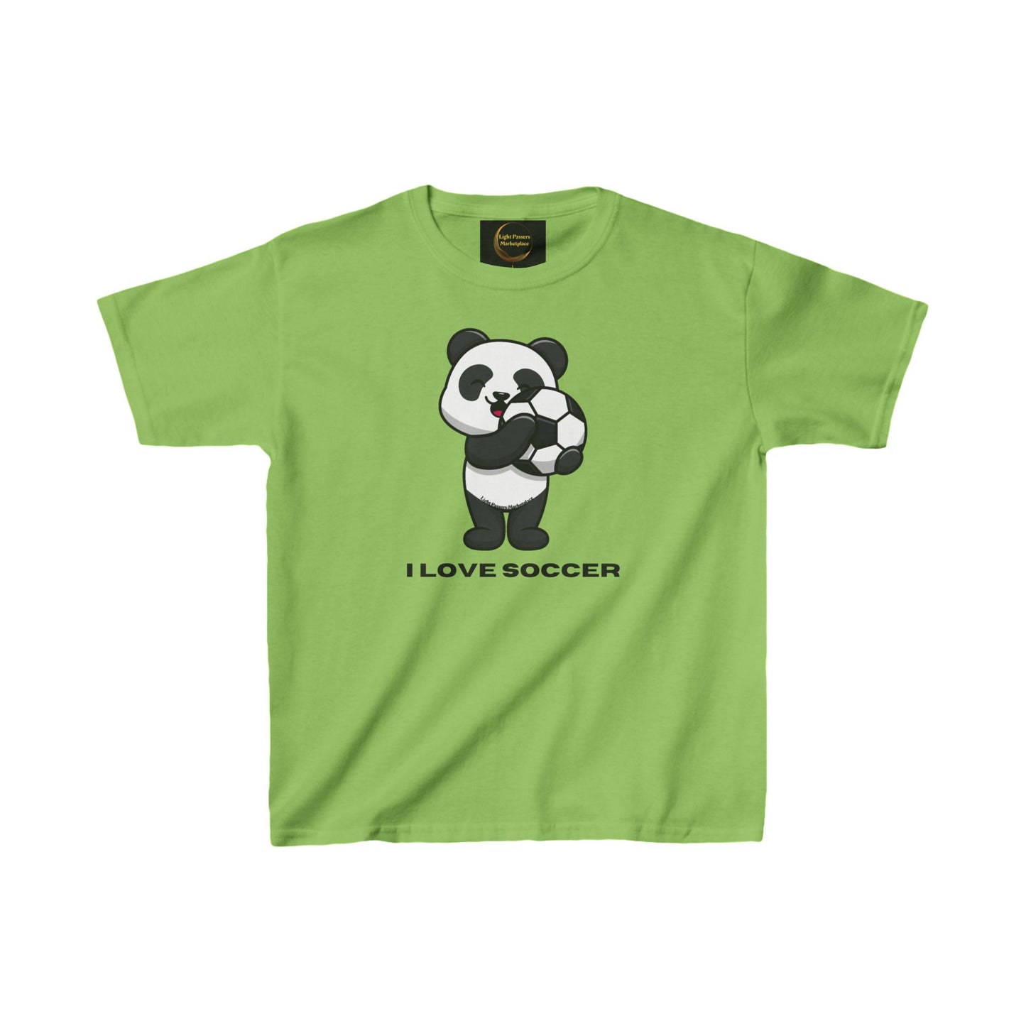 Teams Panda I Love Soccer Youth T-shirt featuring a cartoon panda holding a soccer ball, perfect for young soccer enthusiasts, made from 100% midweight US cotton.
