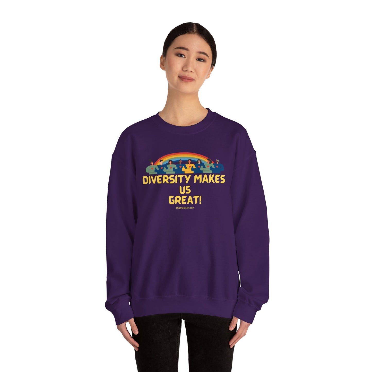 A woman in a purple sweatshirt with yellow text, showcasing a close-up of the crewneck sweatshirt's quality and comfort. Made from a cozy blend of polyester and cotton, featuring ribbed knit collar and durable double-needle stitching.