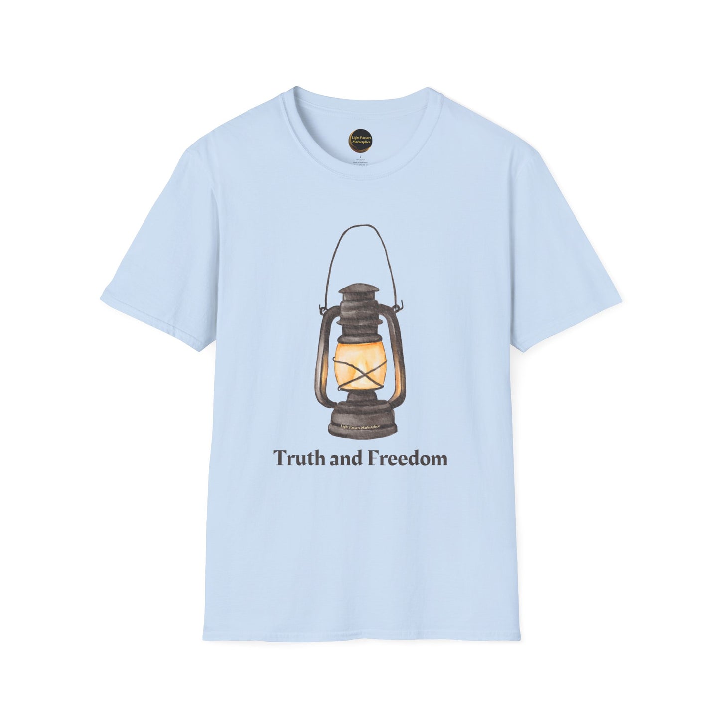 The Light 'Truth and Freedom' Lantern Adult Unisex T-shirt featuring a vintage lantern and inspirational message, ideal for expressing personal style and values.