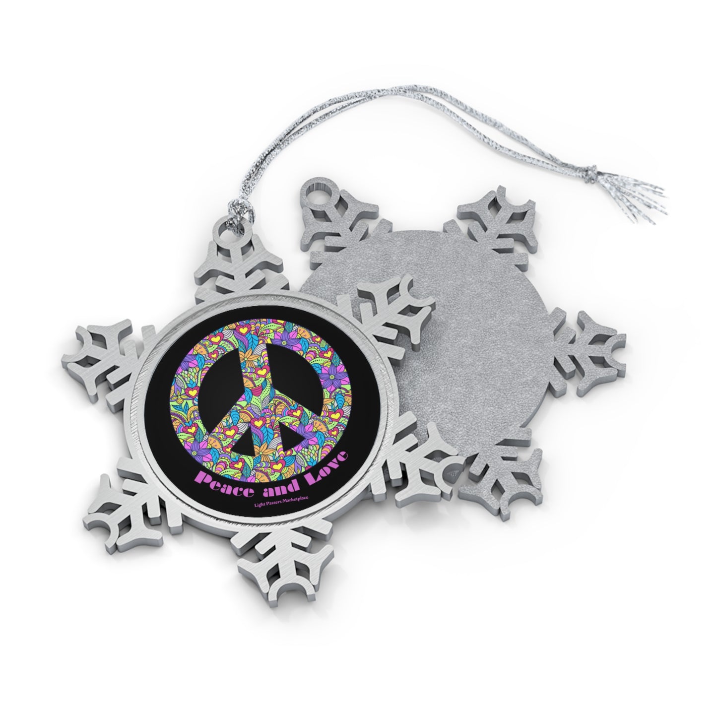Peace pewter snowflake hanging decoration with a vibrant flower peace sign, featuring a durable silver-toned string. Ideal for home decor and celebrations.