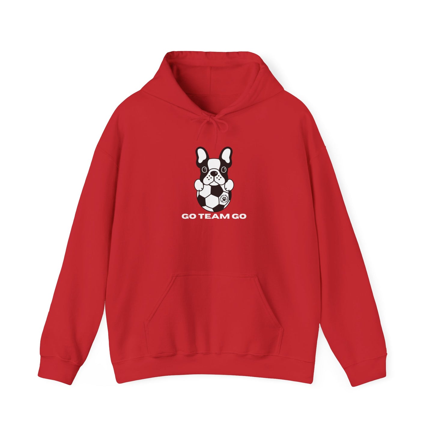 Teams Soccer Dog Adult Unisex Hoodie featuring a playful dog with a football, kangaroo pocket, and color-matched drawstring for comfort and style.