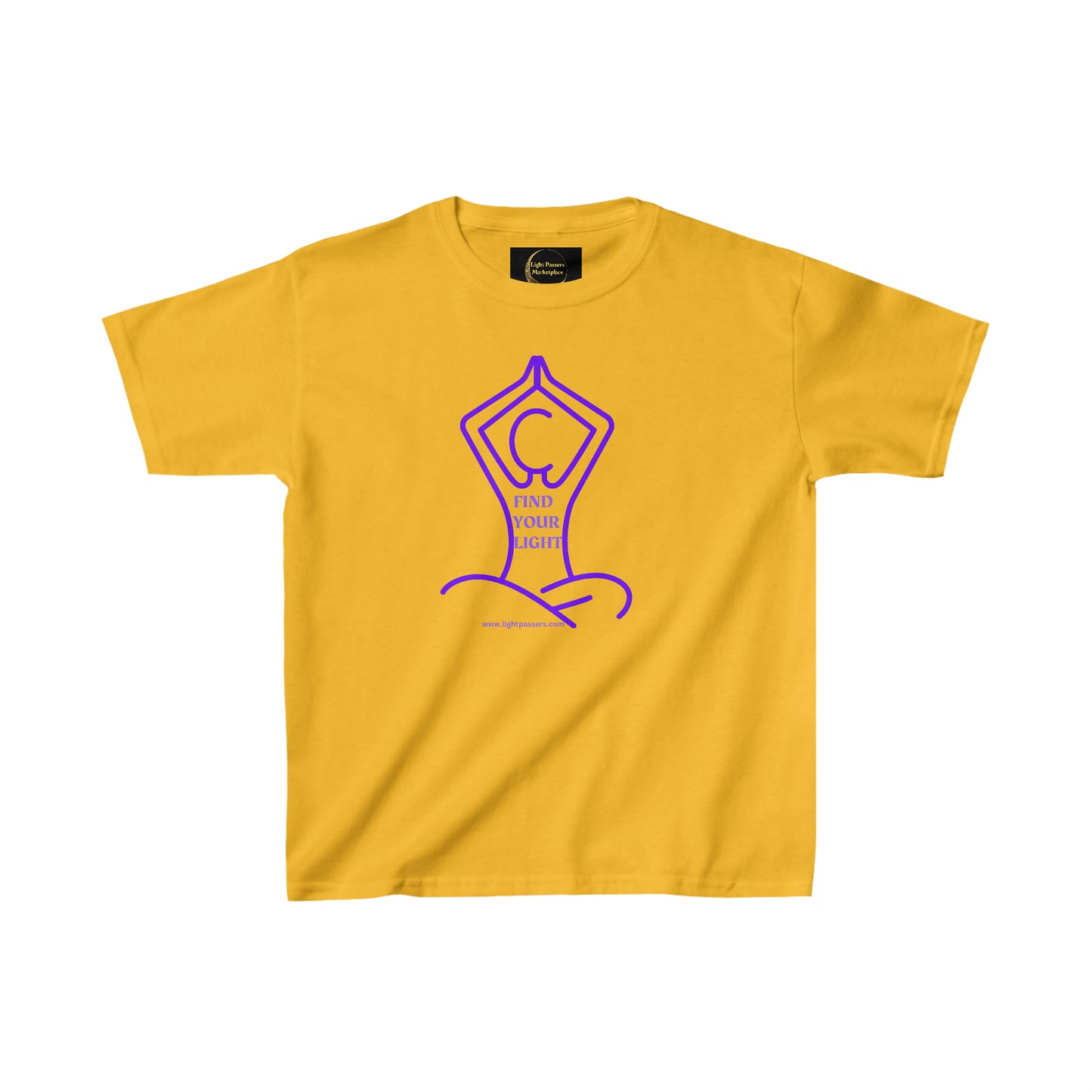 A yellow youth t-shirt featuring a person in a yoga pose, ideal for everyday wear. Made of 100% cotton with twill tape shoulders for durability and a curl-resistant collar. Ethically sourced and Oeko-Tex certified.