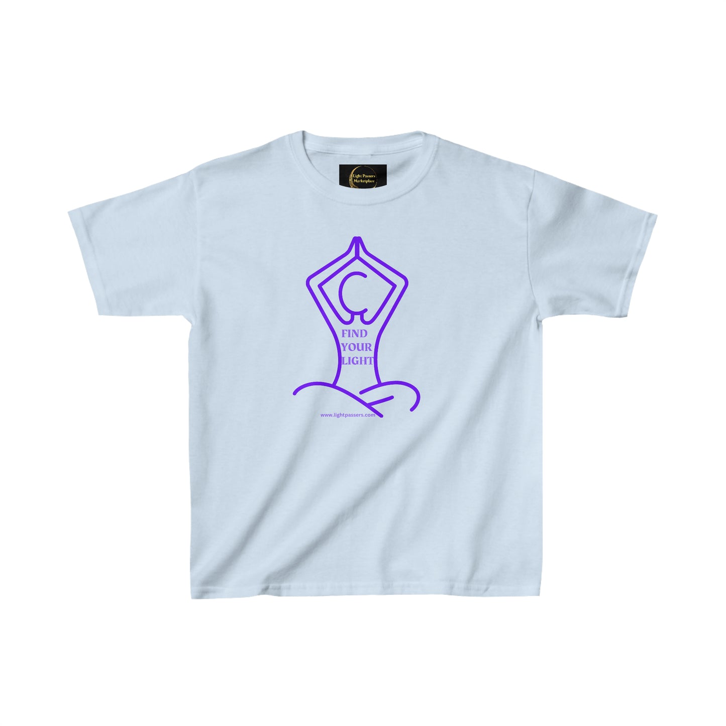 Youth white t-shirt with purple graphics, featuring a person with raised arms and a heart with letter C. Made of 100% cotton, ribbed collar, tear-away labels, and ethically sourced materials.