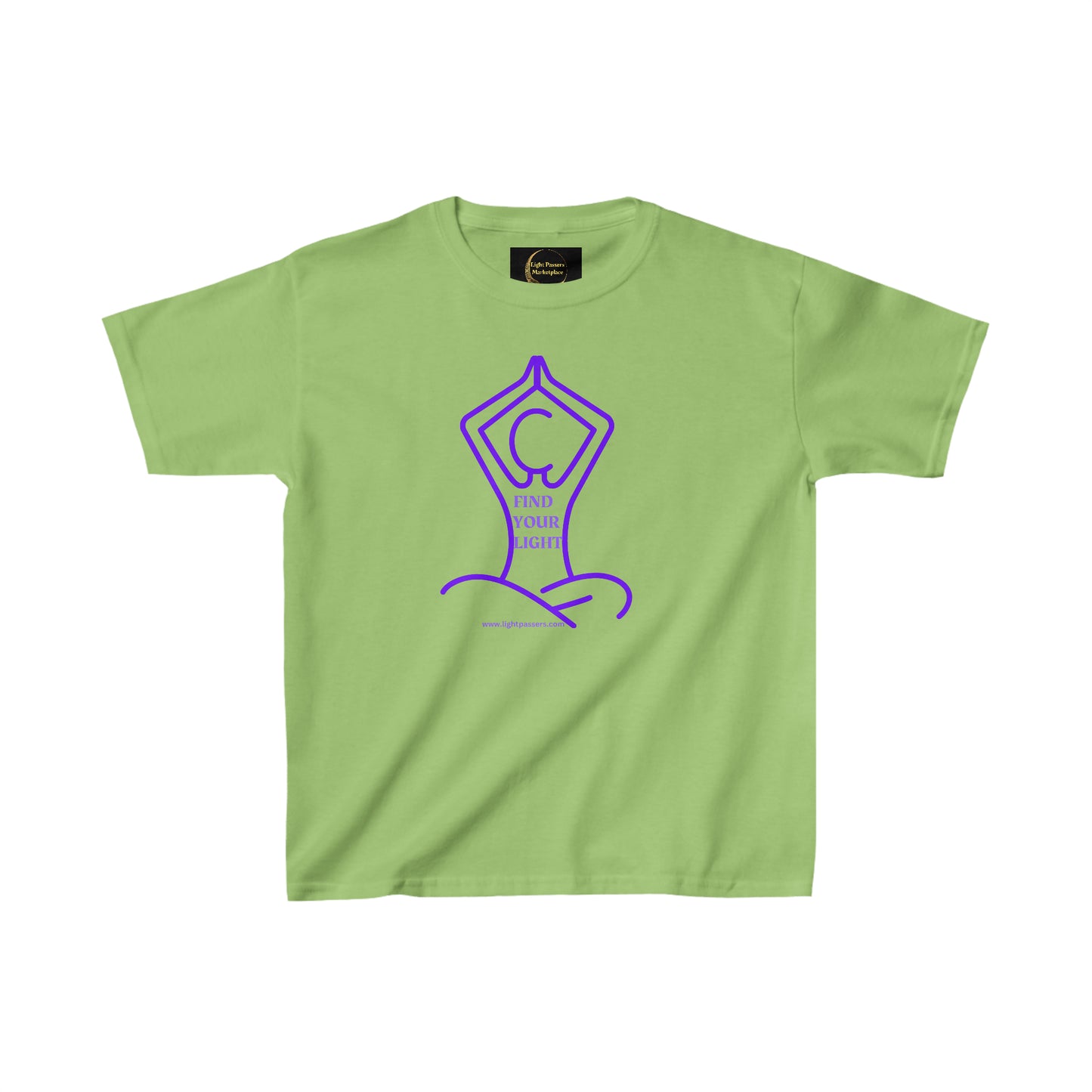 A green youth t-shirt featuring a person in a yoga pose graphic. Made of 100% cotton with twill tape shoulders for durability. Ethically sourced and comfortable for everyday wear.