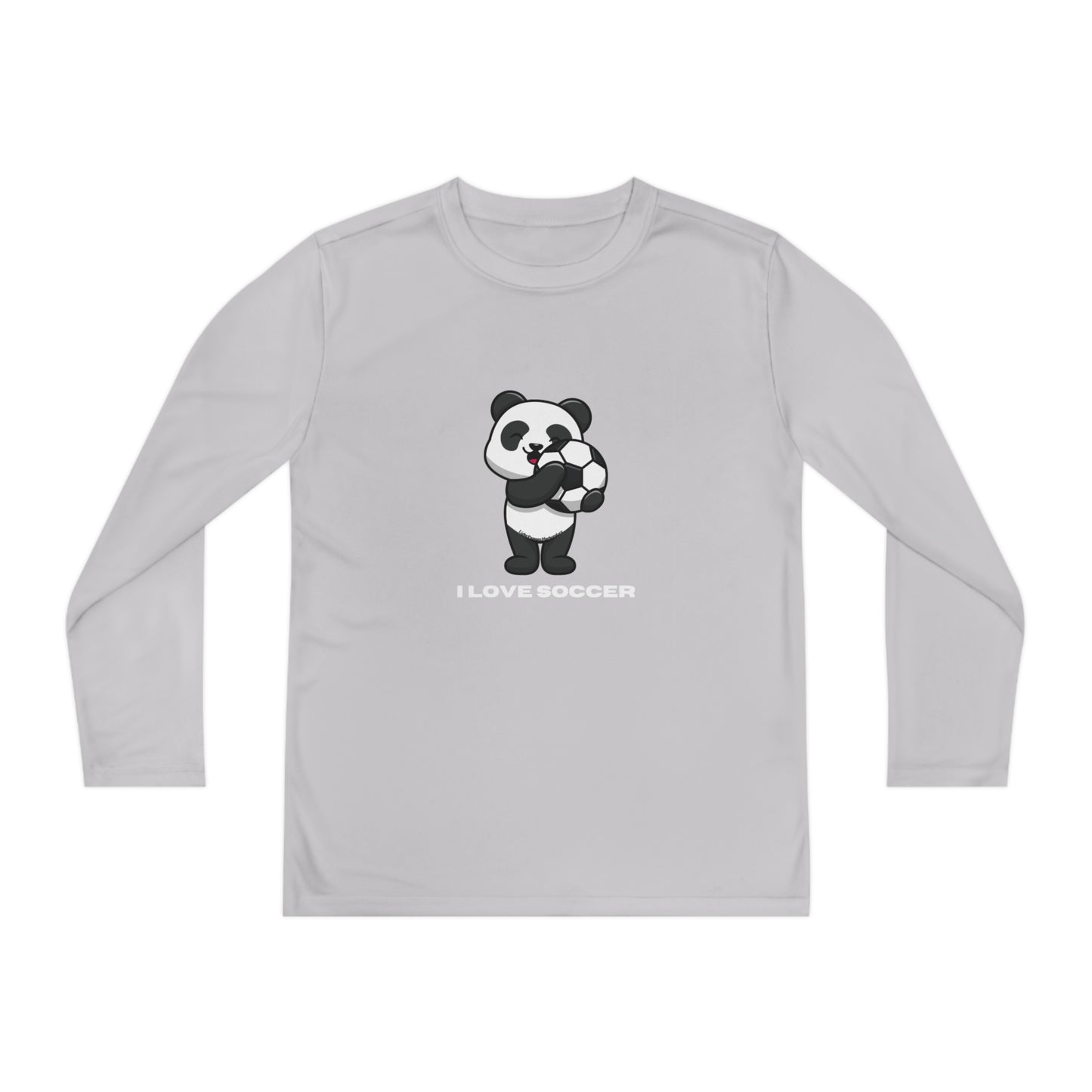 Youth Long Sleeve - Panda Says I Love Soccer features a cartoon panda holding a football, perfect for young soccer fans with moisture-wicking, lightweight fabric.