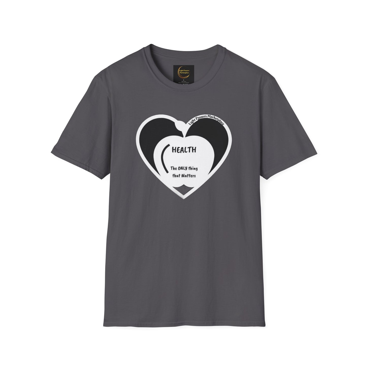 Health Happy Food Apple Adult Unisex T-Shirt featuring a heart design on a soft, durable grey fabric, ideal for casual, comfortable wear.