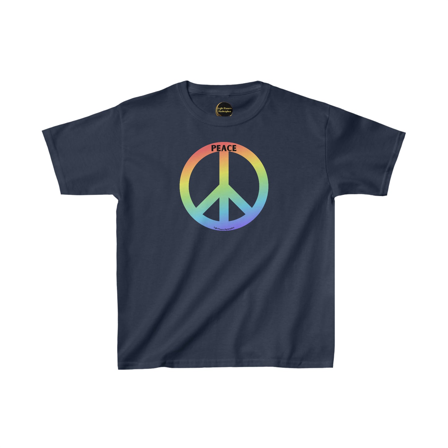 A blue youth t-shirt featuring a peace sign symbol. Made of 100% cotton with twill tape shoulders and ribbed collar for durability. Ethically sourced US cotton with tear-away labels for comfort.