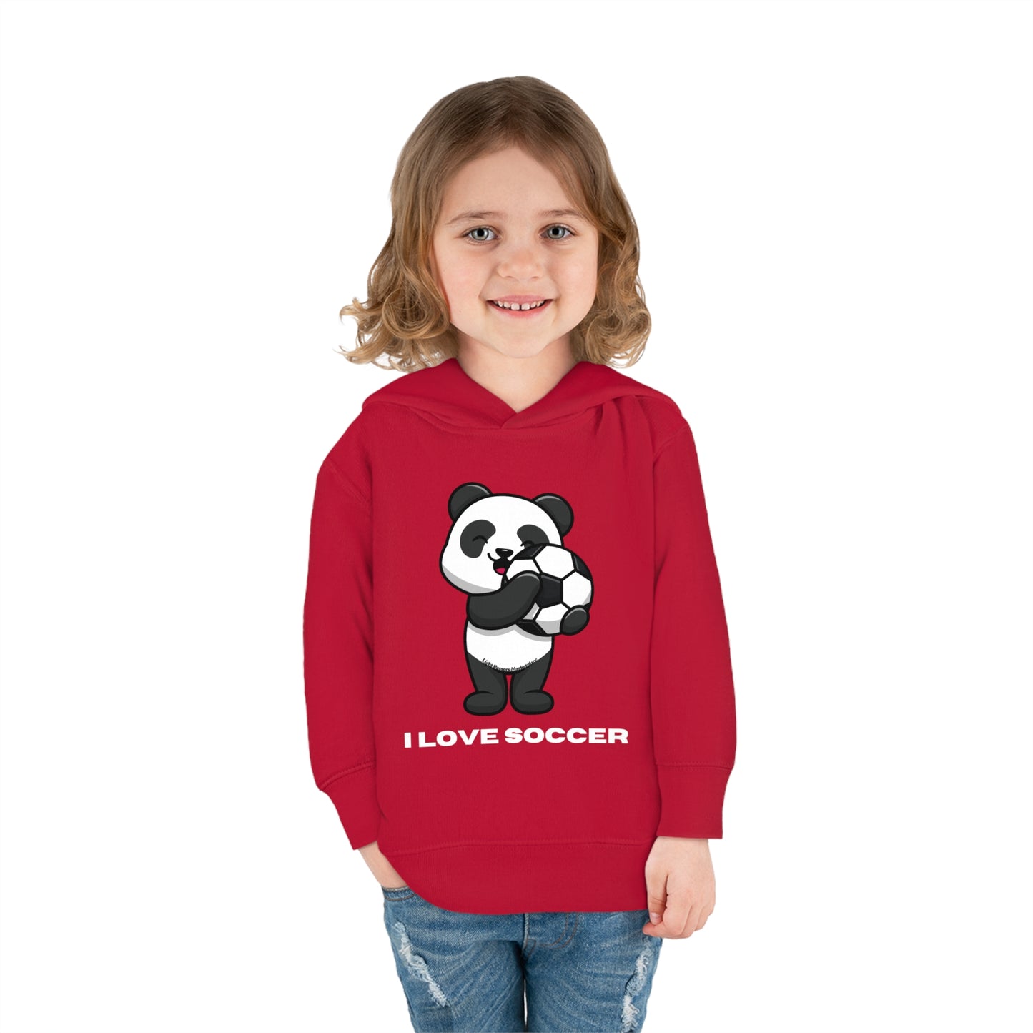 A smiling girl in a red panda-themed toddler hoodie with a football-holding panda design. Features jersey-lined hood, cover-stitched details, side seam pockets, and durable cotton-polyester blend for cozy wear.