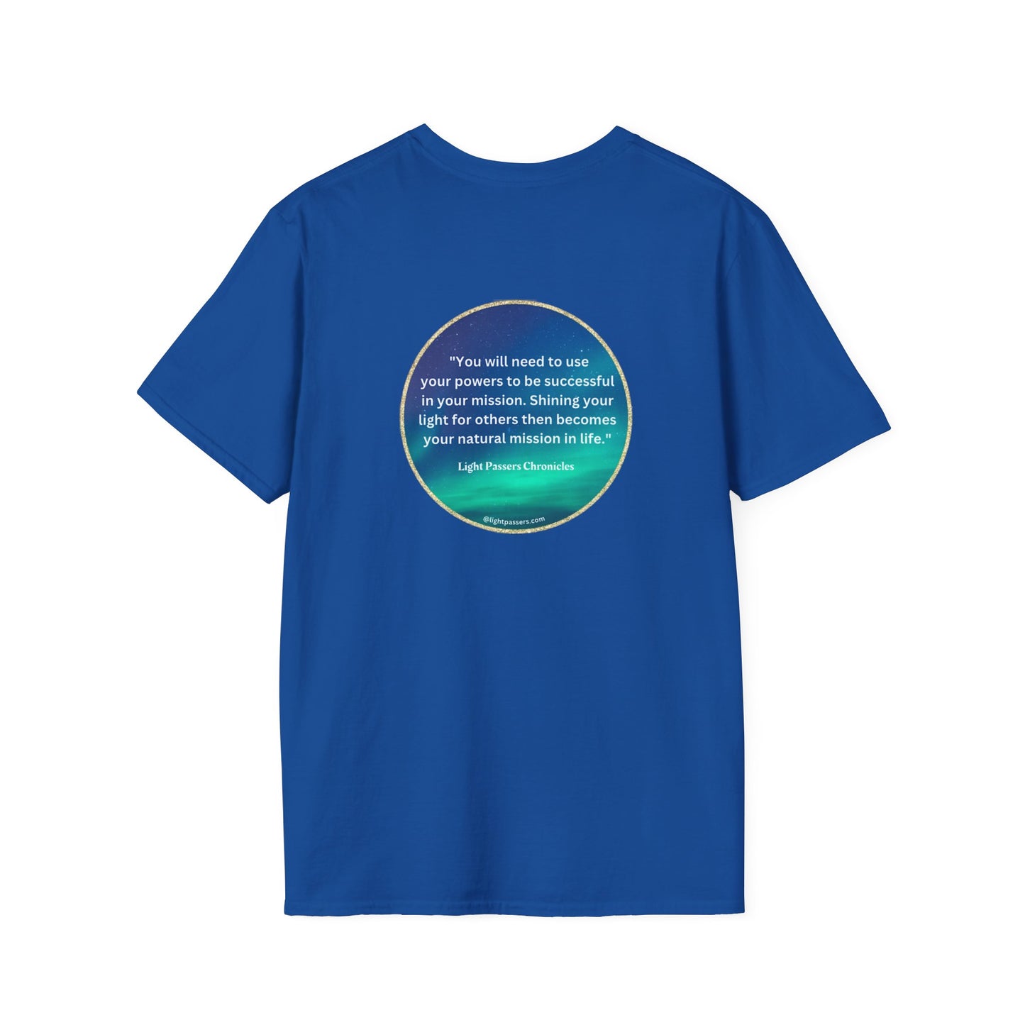 A blue unisex t-shirt with a white circle logo on the front and text on the back. 100% cotton, medium fabric, classic fit, tear-away label, and durable tape on shoulders.