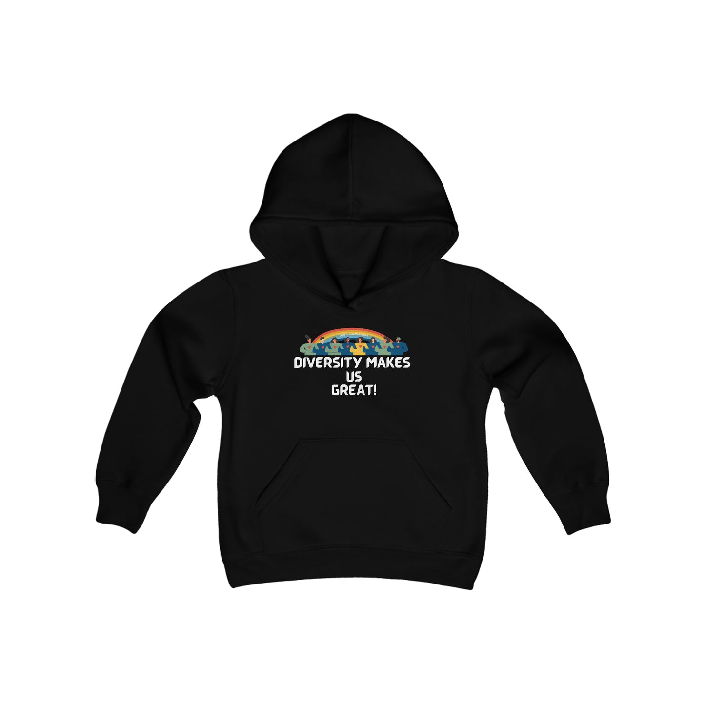 A black hoodie with white text featuring a group of people, hearts, and a rainbow design. Made of soft, preshrunk fleece blend with kangaroo pocket and reinforced neck. Ideal for printing.