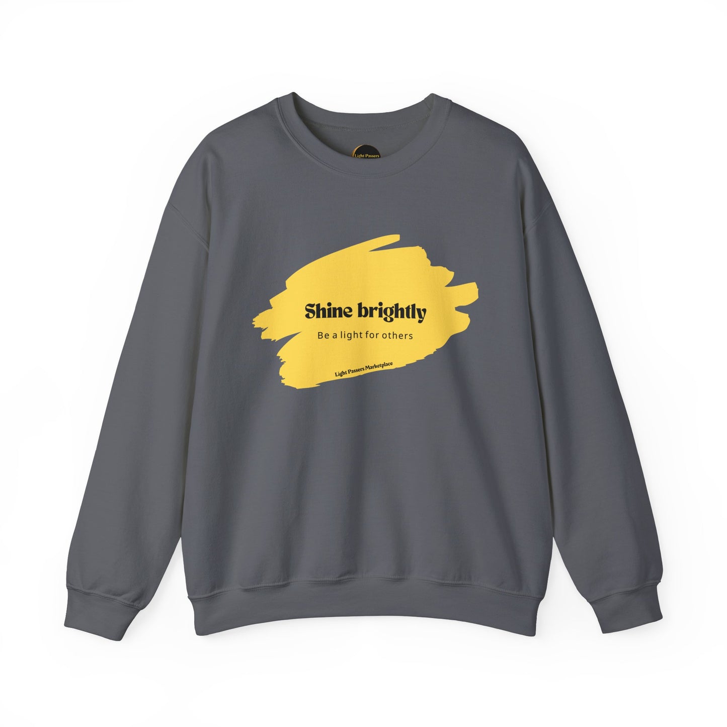 The Light Inspirational Crewneck Sweatshirt Adult Unisex features yellow text on a grey sweatshirt, offering warmth and positivity in a cozy, seamless design.