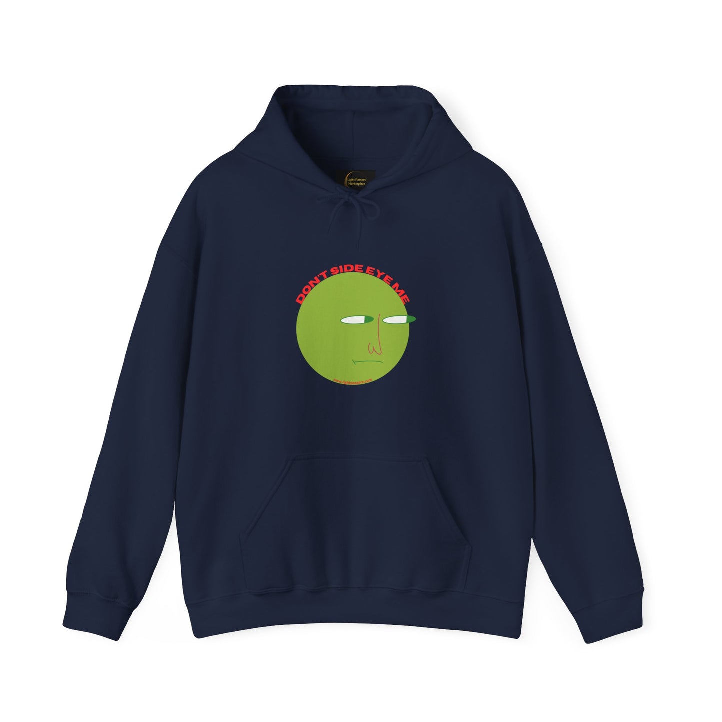 A blue hooded sweatshirt featuring a green face design, with a kangaroo pocket and color-matched drawcord. Made of 50% cotton and 50% polyester for warmth and comfort.