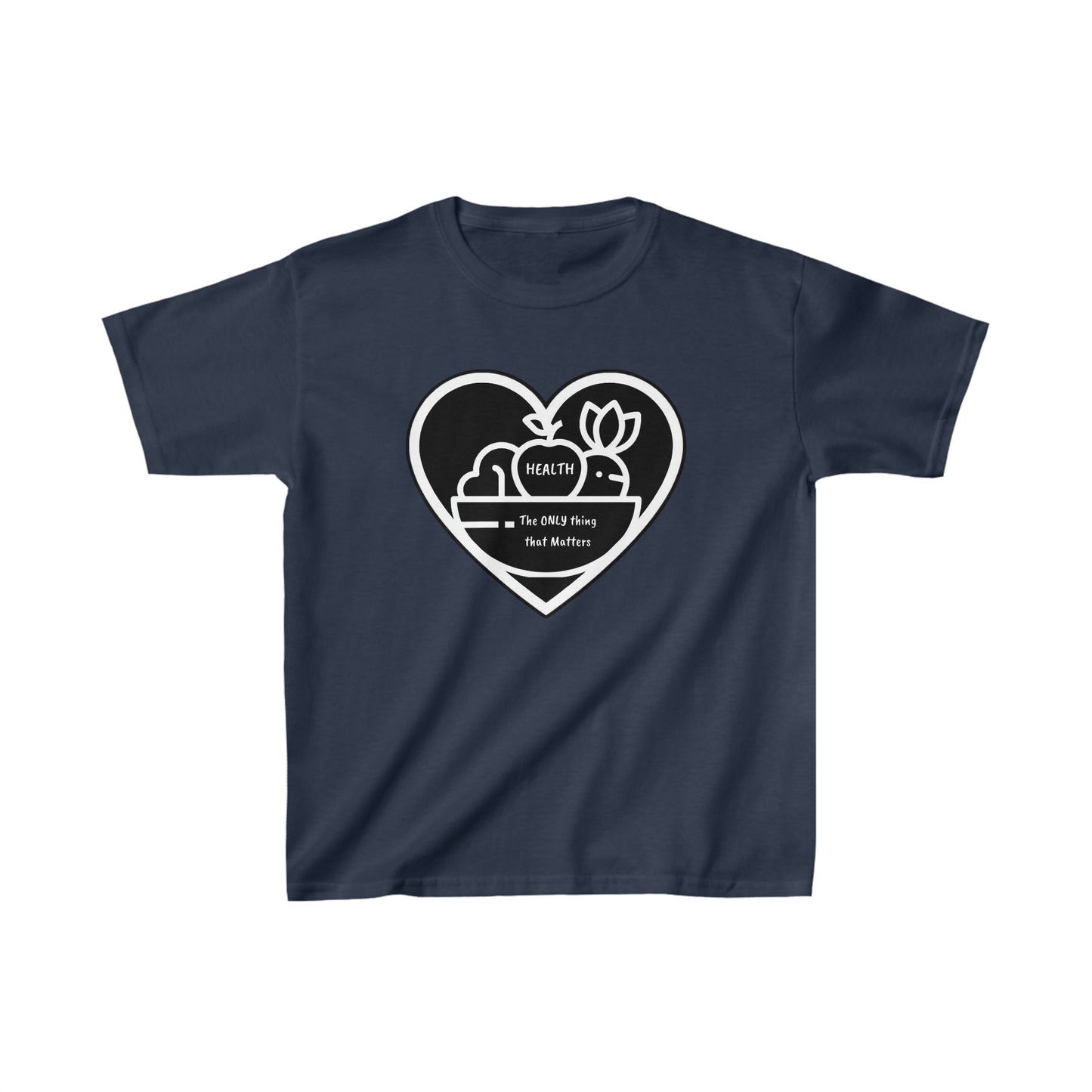 Youth blue t-shirt featuring heart, flower, and fruit bowl imagery. 100% cotton for solid colors, with twill tape shoulders for durability. Ethically made with US cotton.