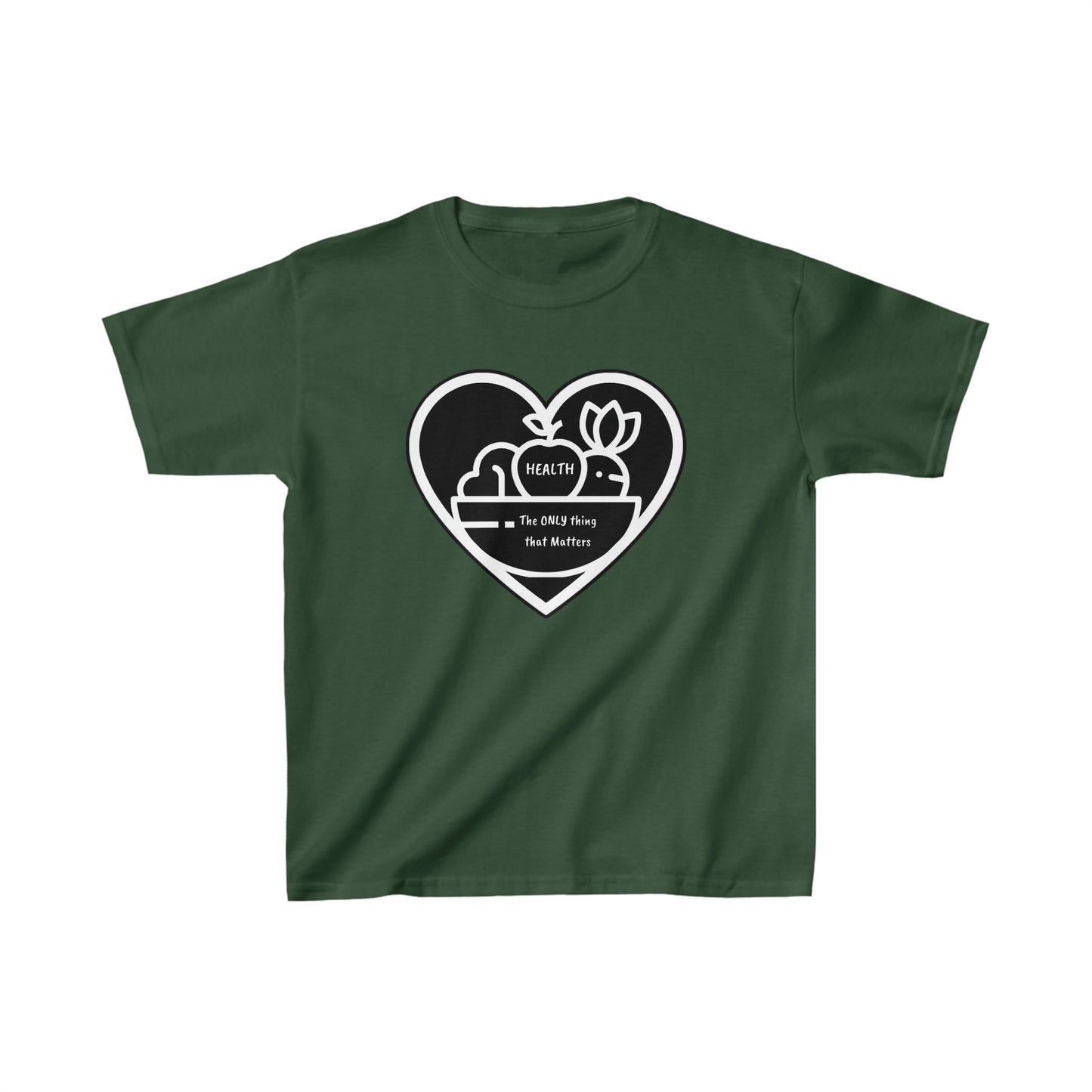 A green youth t-shirt featuring a heart and fruit design, ideal for everyday wear. Made with 100% cotton for solid colors and polyester for heather variants. Durable twill tape shoulders and curl-resistant collar.