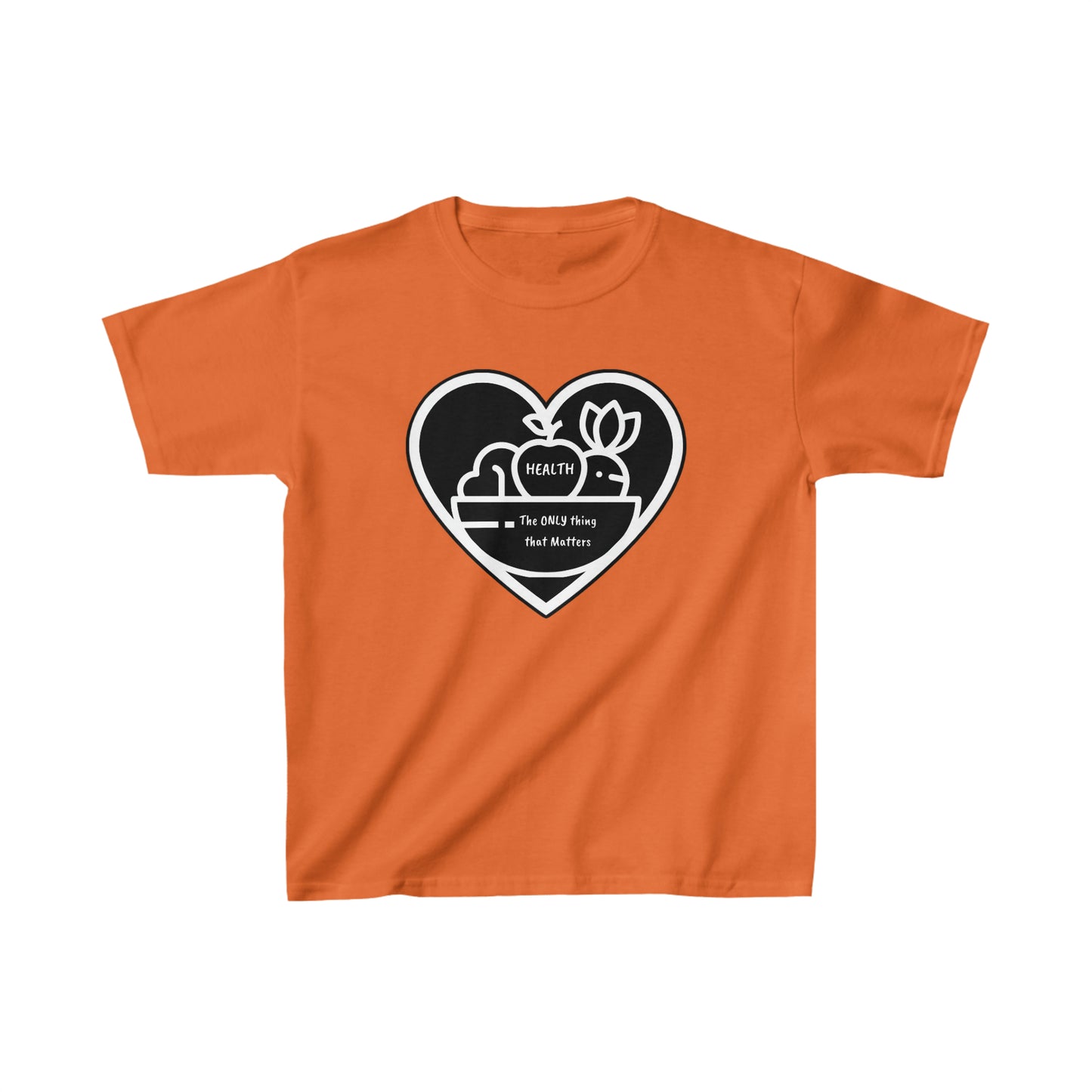 A youth t-shirt featuring a heart, flower, and bird design. Made of 100% cotton with twill tape shoulders and curl-resistant ribbed collar. Ethically sourced and Oeko-Tex certified for quality.