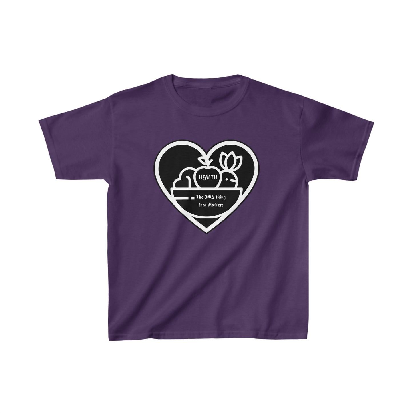 A purple youth t-shirt featuring a heart, flower, and bird design. Made of 100% cotton with twill tape shoulders and ribbed collar for durability. Ethically sourced US cotton.