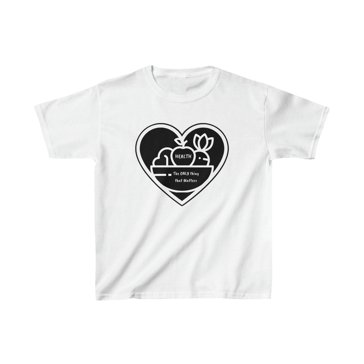 A white youth t-shirt featuring a heart, flower, and fruit bowl design. Made of 100% cotton with twill tape shoulders and ribbed collar for durability and comfort. Ethically sourced and Oeko-Tex certified.