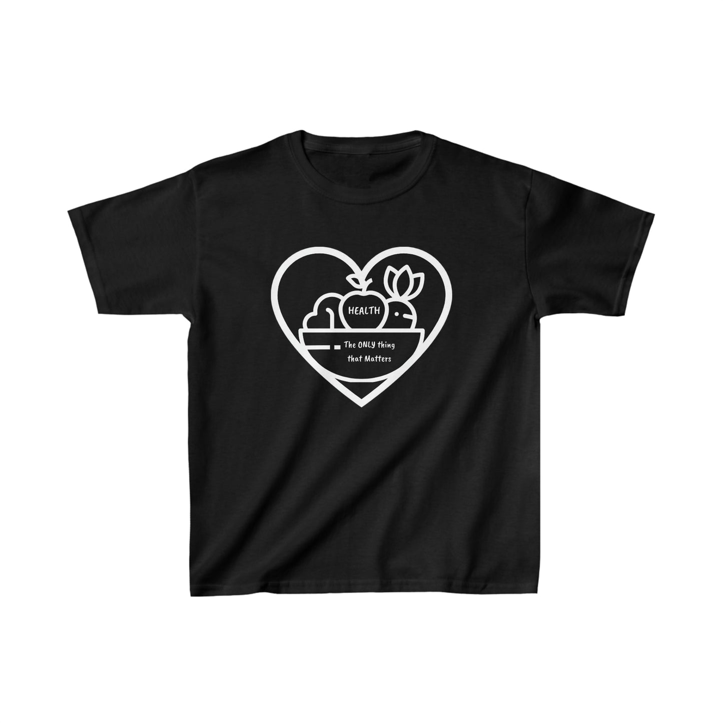 A black youth t-shirt featuring a heart and fruit design, ideal for everyday wear. Made of 100% cotton with twill tape shoulders for durability and a curl-resistant collar. Ethically produced with US cotton.