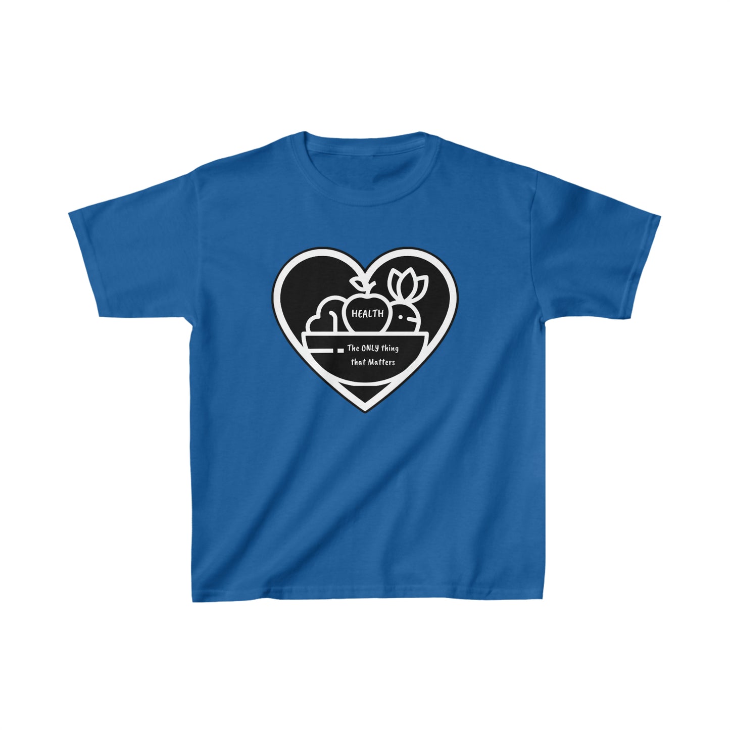 A blue youth t-shirt featuring a heart, flower, and bird design. Made of 100% cotton with twill tape shoulders and ribbed collar for durability. Ethically sourced and soft to the touch.
