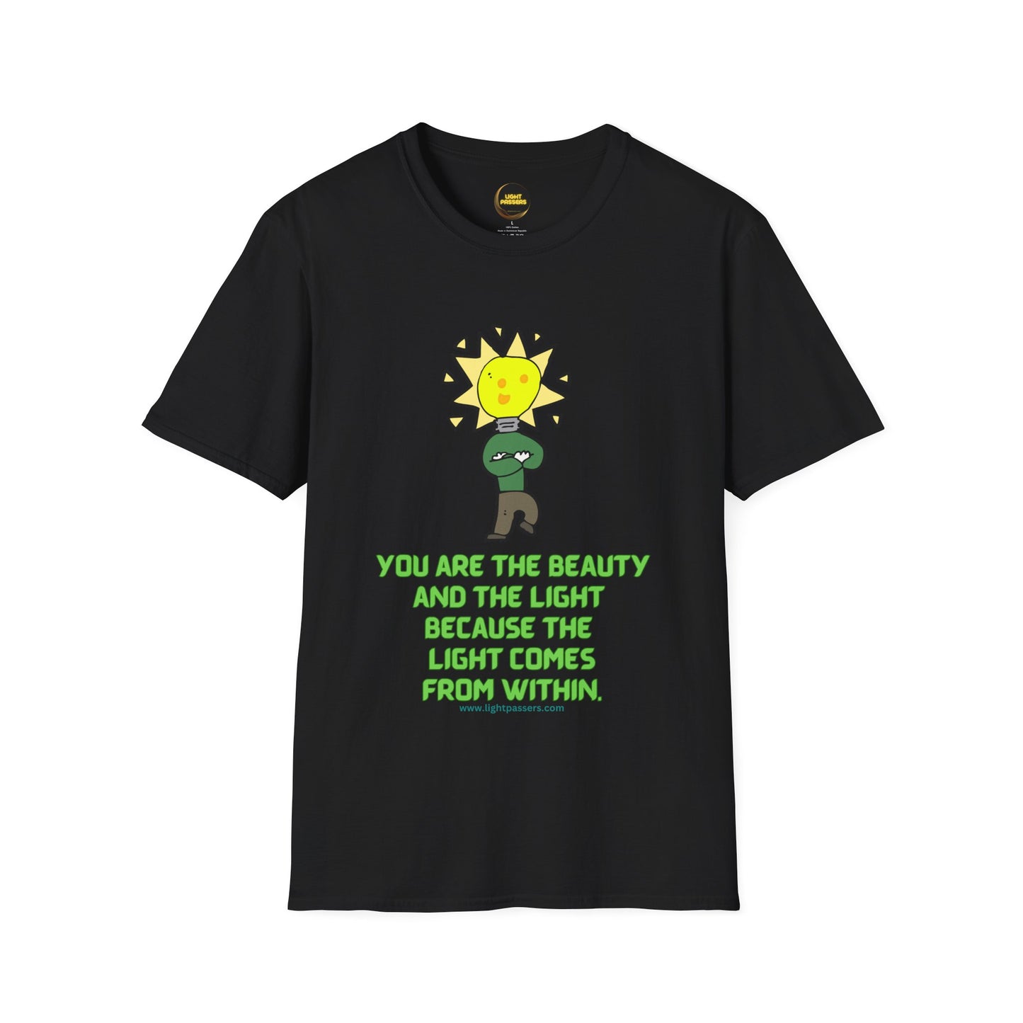 The Light Beauty and The Light Adult Unisex T-Shirt features a cartoon character with a light bulb, inspiring positivity and empowerment for everyday wear.