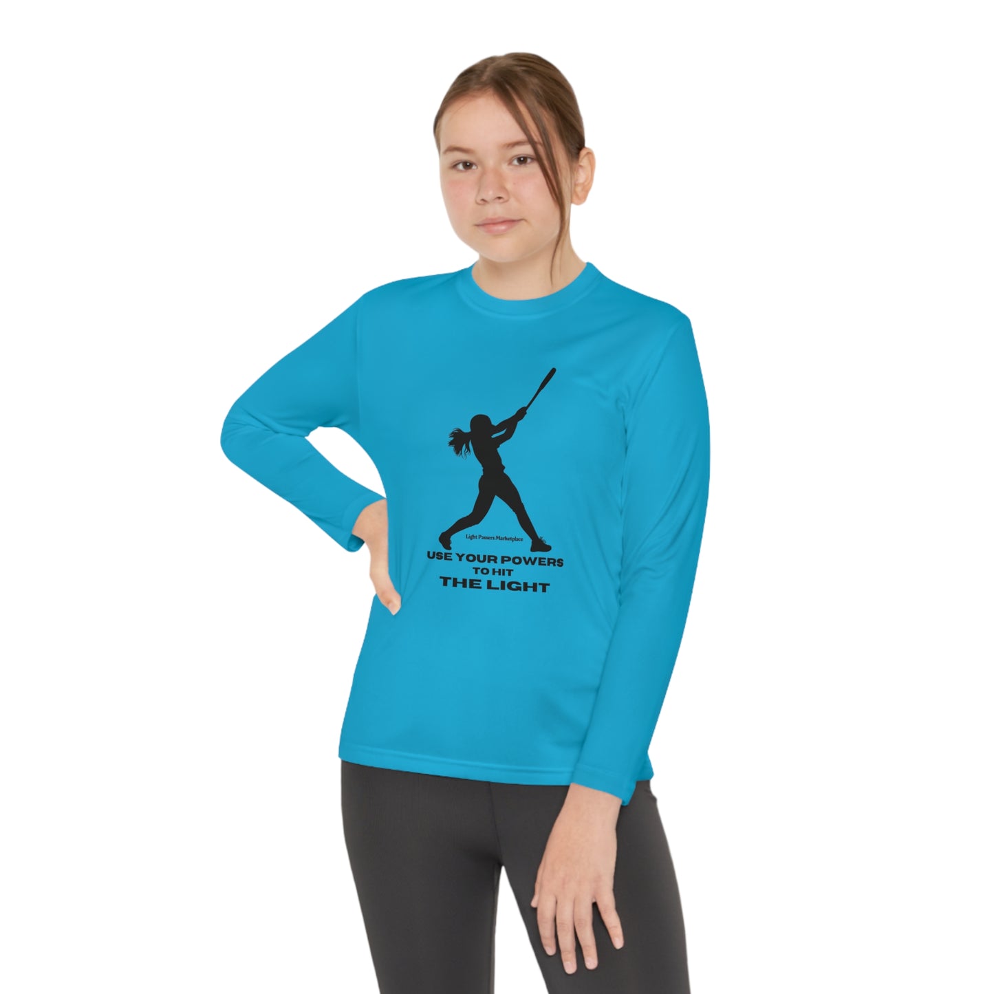 A girl in a blue Sport-Tek PosiCharge ® Competitor™ tee swings a bat. Made of 100% moisture-wicking polyester, this lightweight long-sleeve tee is perfect for active kids.