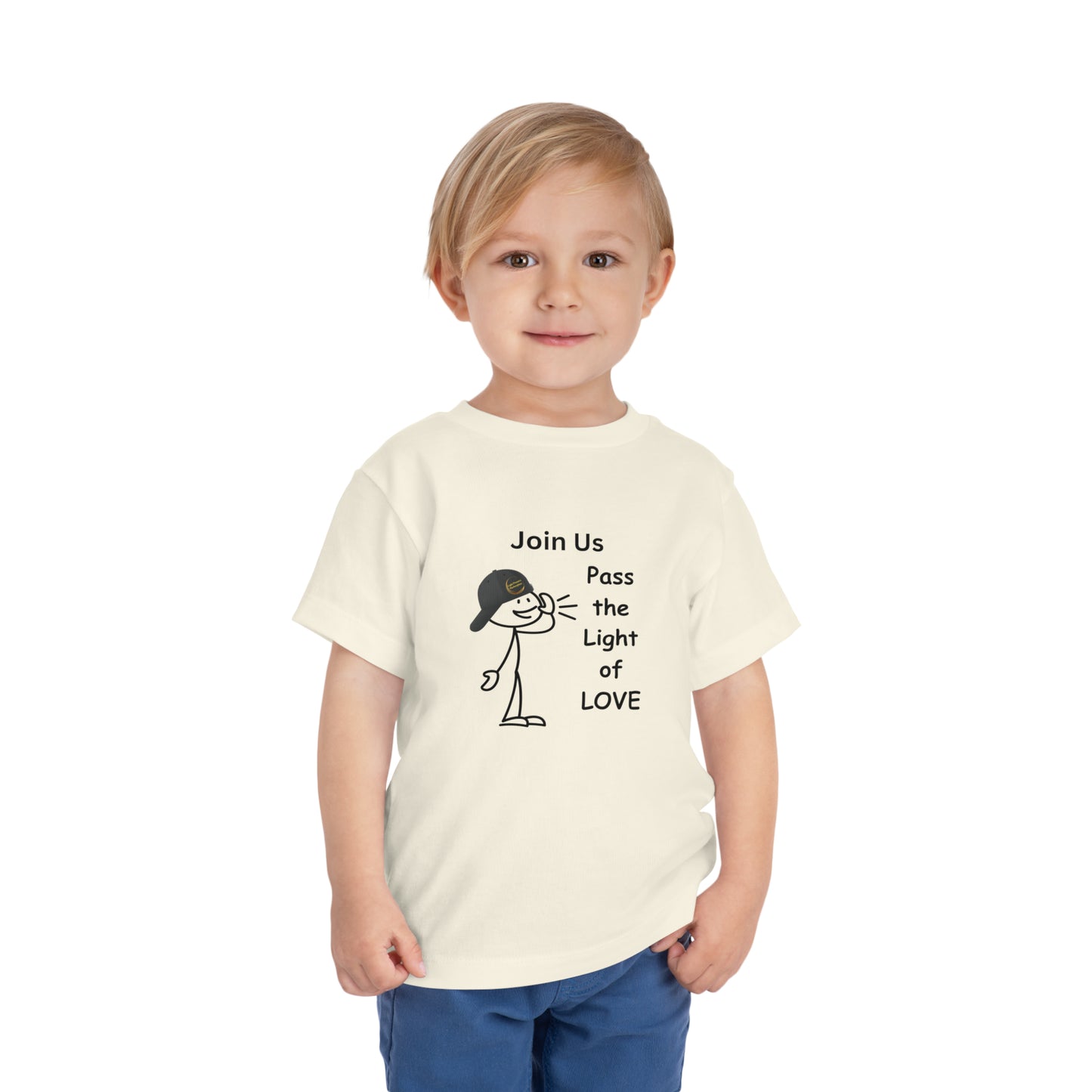A child in a white Call Pass the Light of Love toddler t-shirt, featuring short sleeves and 100% Airlume combed cotton. Tear-away label for comfort.