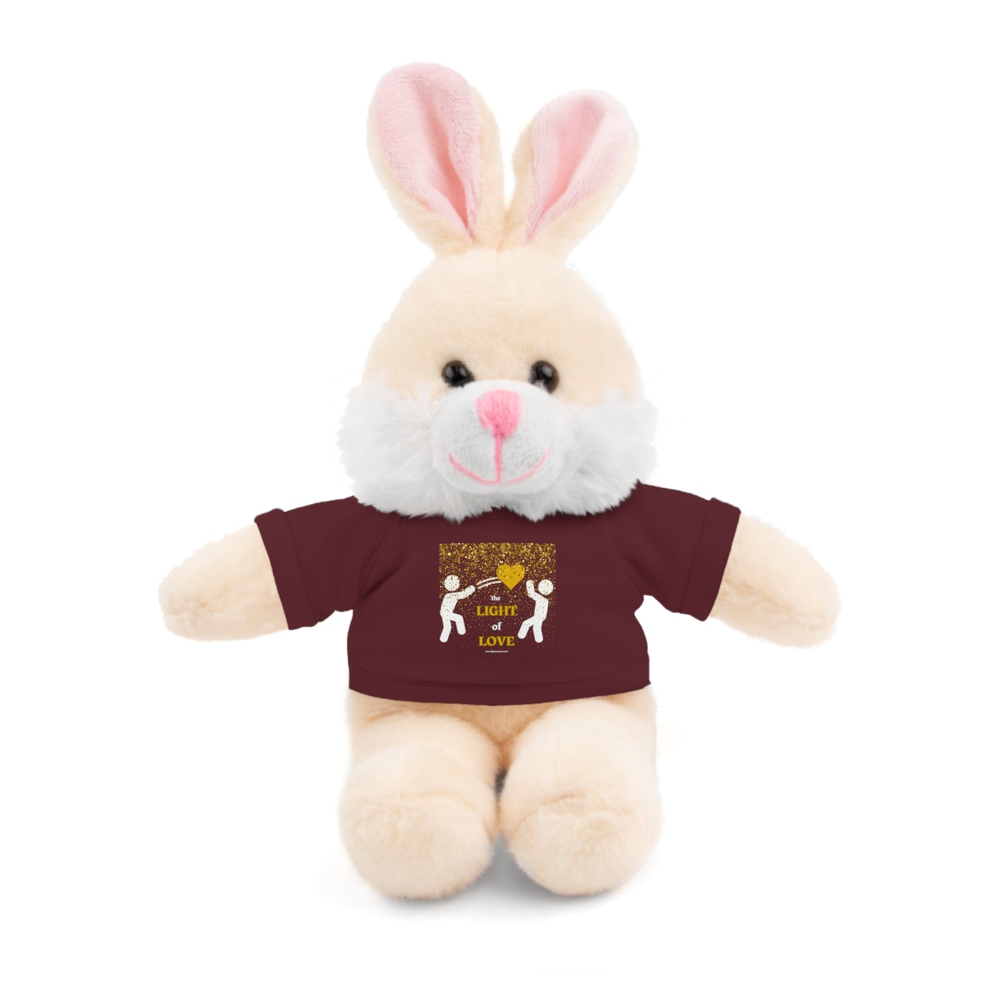 Stuffed bunny wearing a customizable tee, part of Cool Stuff Stuffies Light of Love collection, 8 inches tall, designed for children ages 3 and up.