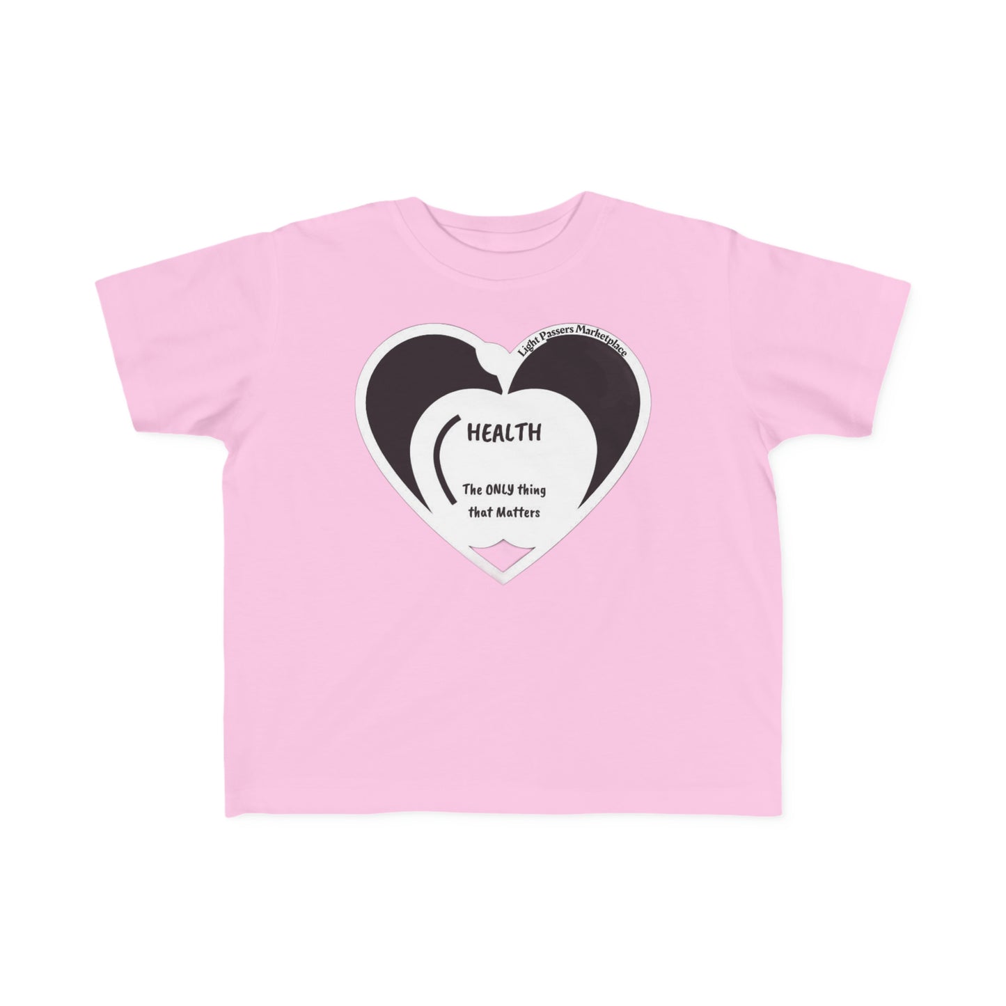 A pink toddler t-shirt with a heart and text design, made of soft 100% combed cotton for sensitive skin. Durable print, light fabric, tear-away label, classic fit, true to size.