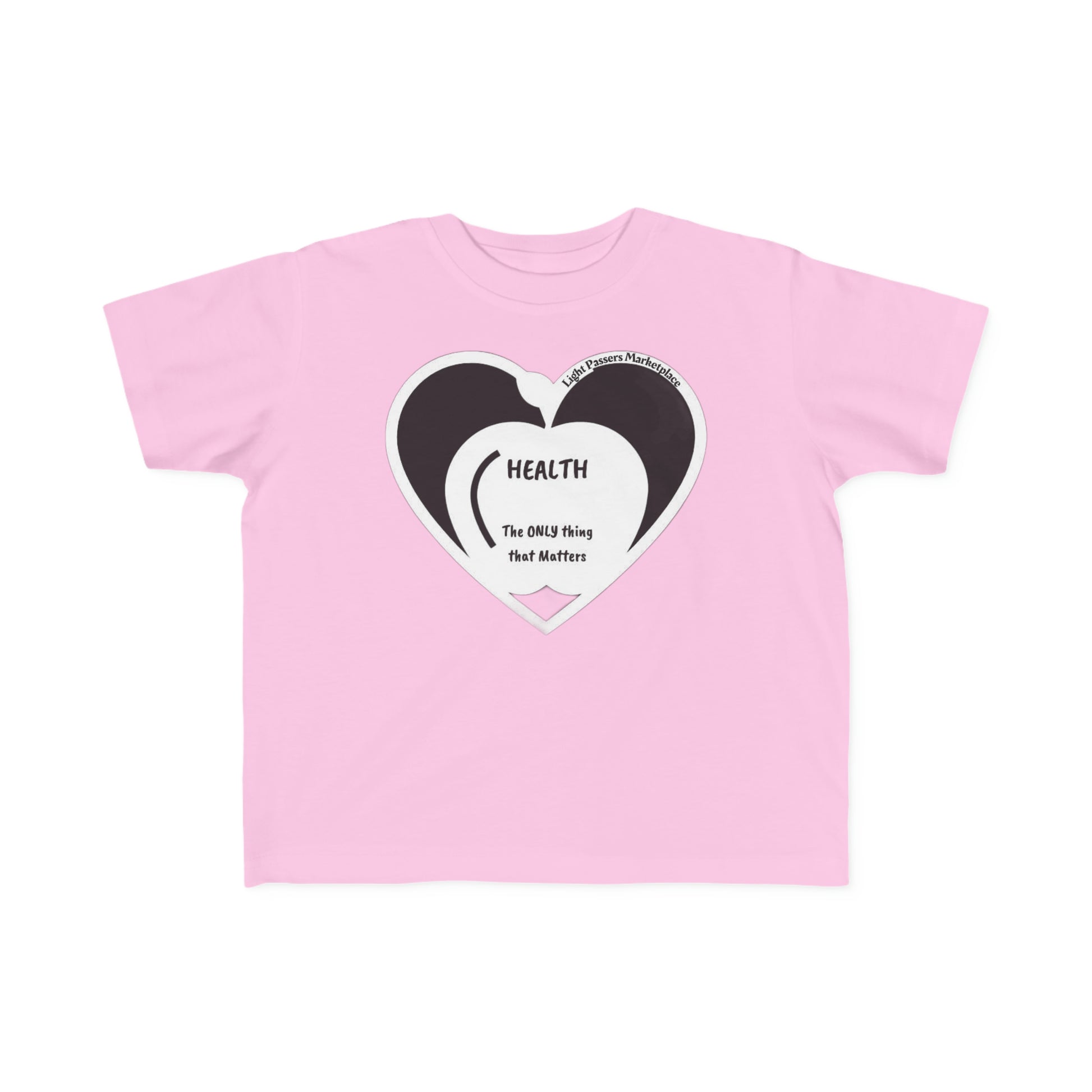 A pink toddler t-shirt with a heart and text design, made of soft 100% combed cotton for sensitive skin. Durable print, light fabric, tear-away label, classic fit, true to size.
