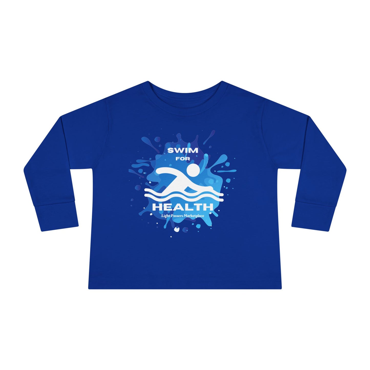Health Toddler Long Sleeve Swim for Health shirt featuring a swimming logo, designed for comfort and active play, with ribbed collar and cuffs.