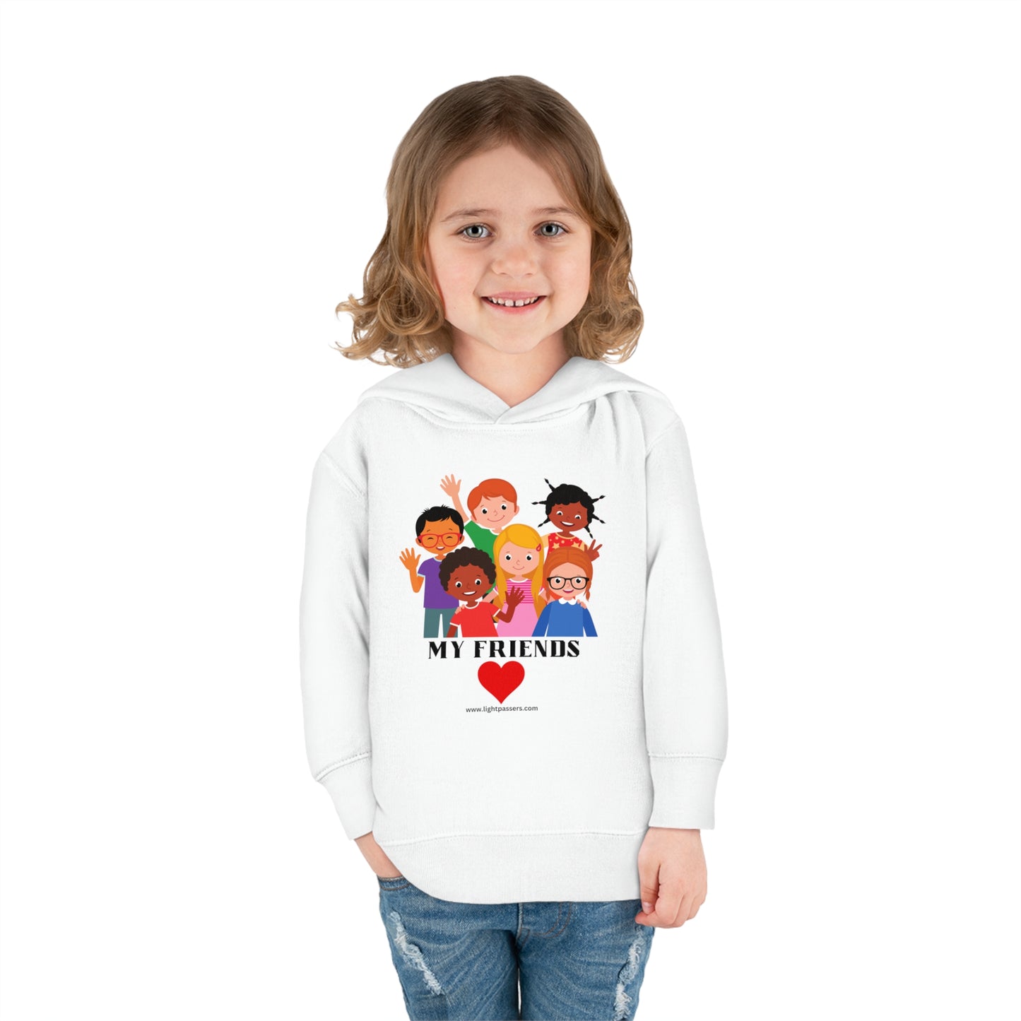 A personalized toddler hoodie by Rabbit Skins, featuring cartoon characters, jersey-lined hood, and side seam pockets for comfort and durability.