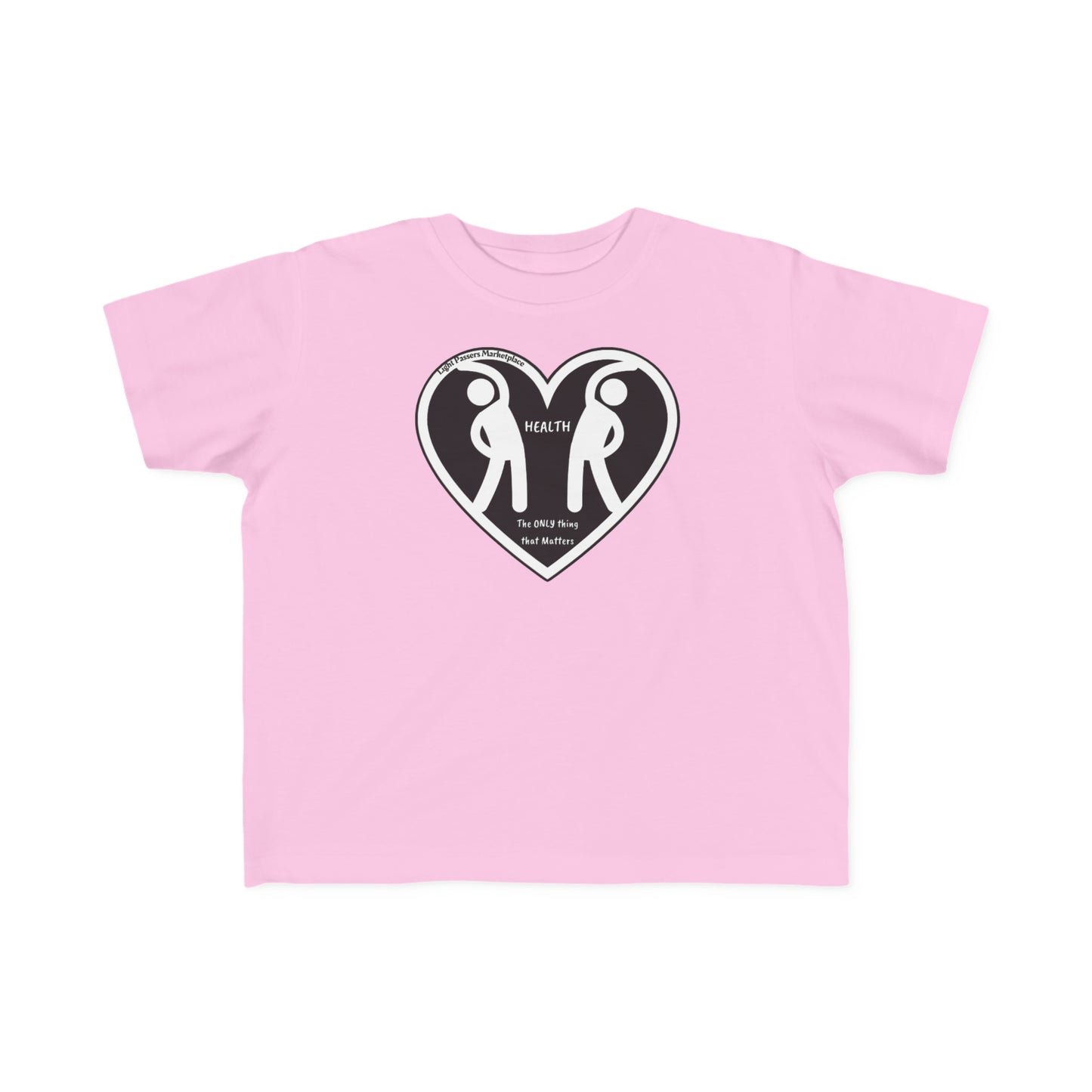 A pink toddler T-shirt featuring a heart design with two figures, made of soft, durable 100% combed cotton. Perfect for sensitive skin, with a tear-away label and a classic fit.