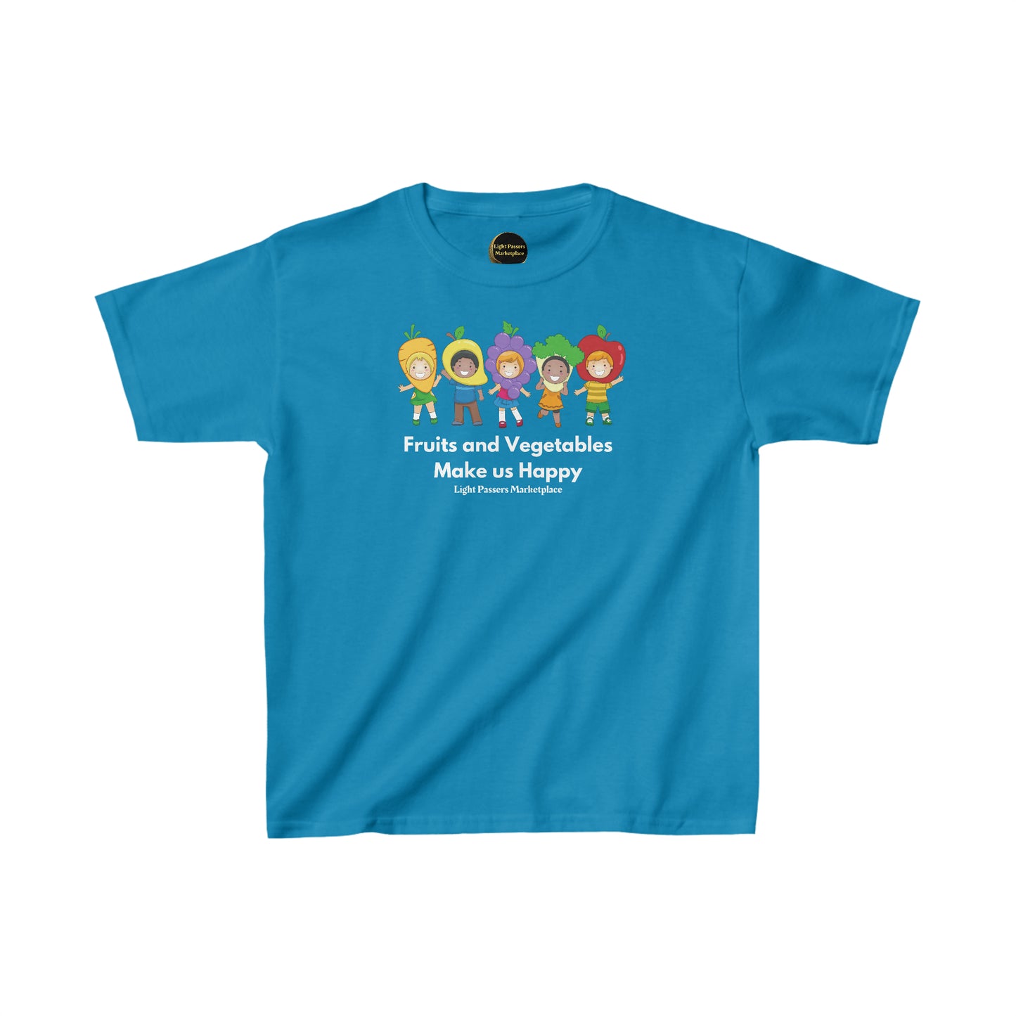 Youth t-shirt featuring cartoon characters in fruit clothing. Made of 100% cotton with twill tape shoulders and curl-resistant collar. Ethically sourced and Oeko-Tex certified for quality.