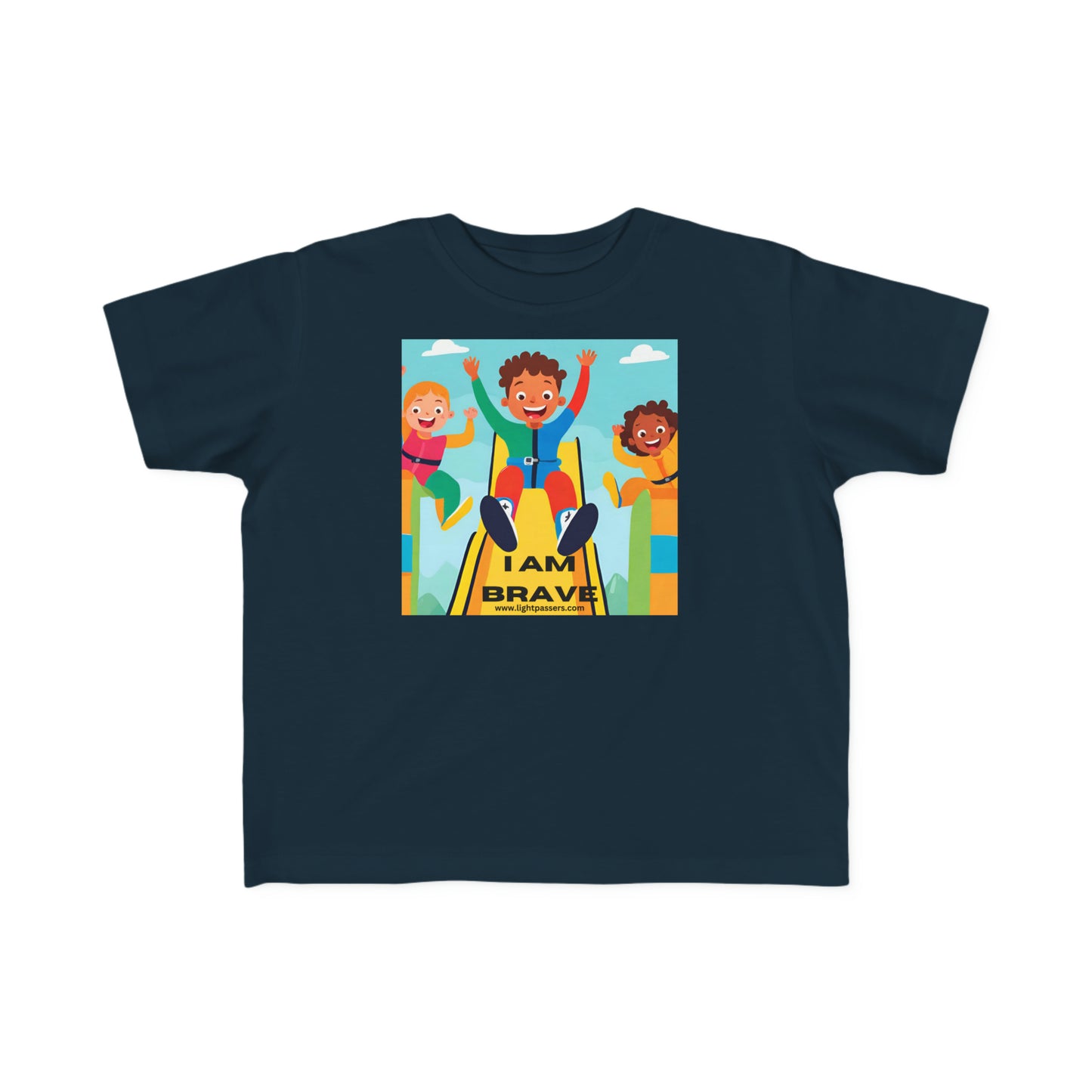 A toddler t-shirt featuring cartoon characters of kids on a slide, embodying bravery and playfulness. Made of 100% soft cotton, with durable print and tear-away label.