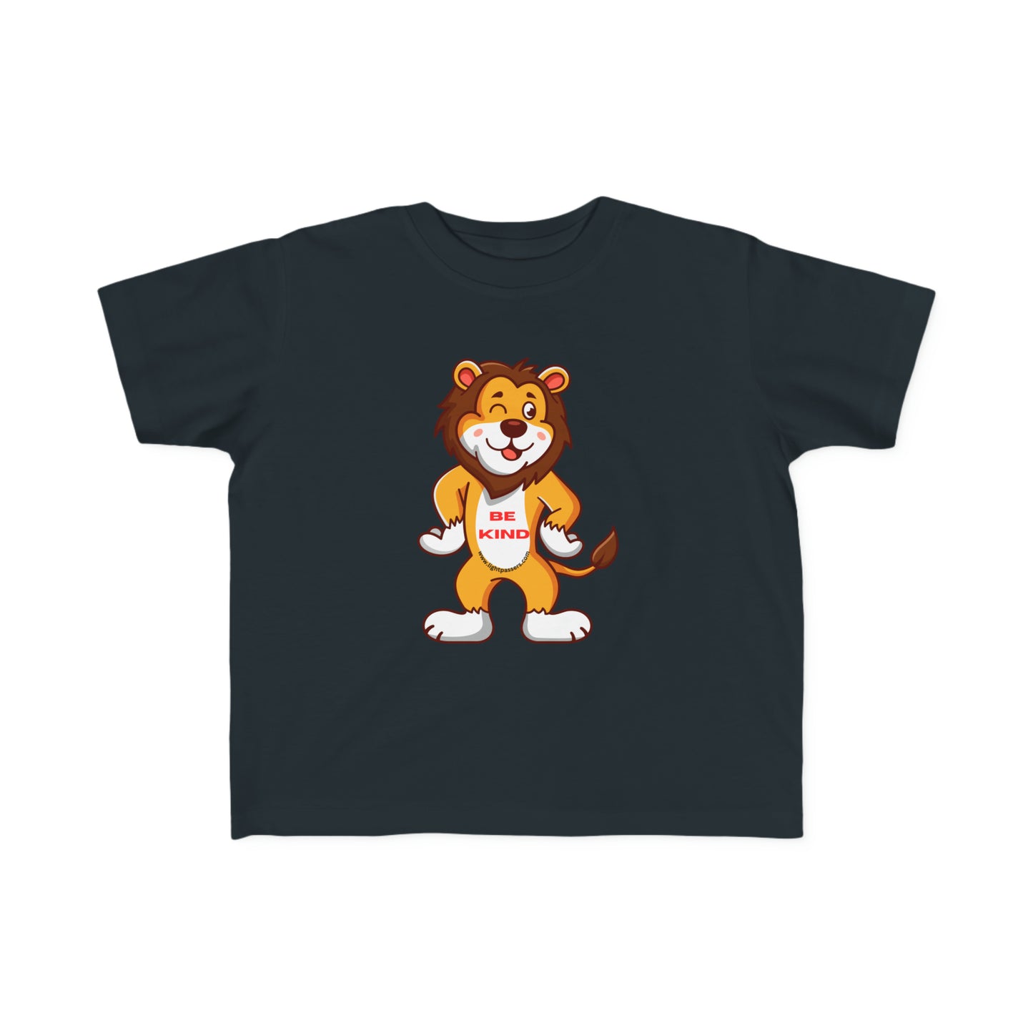 A toddler's tee featuring a cartoon lion design, soft 100% combed cotton, durable print, and tear-away label. Perfect for sensitive skin.
