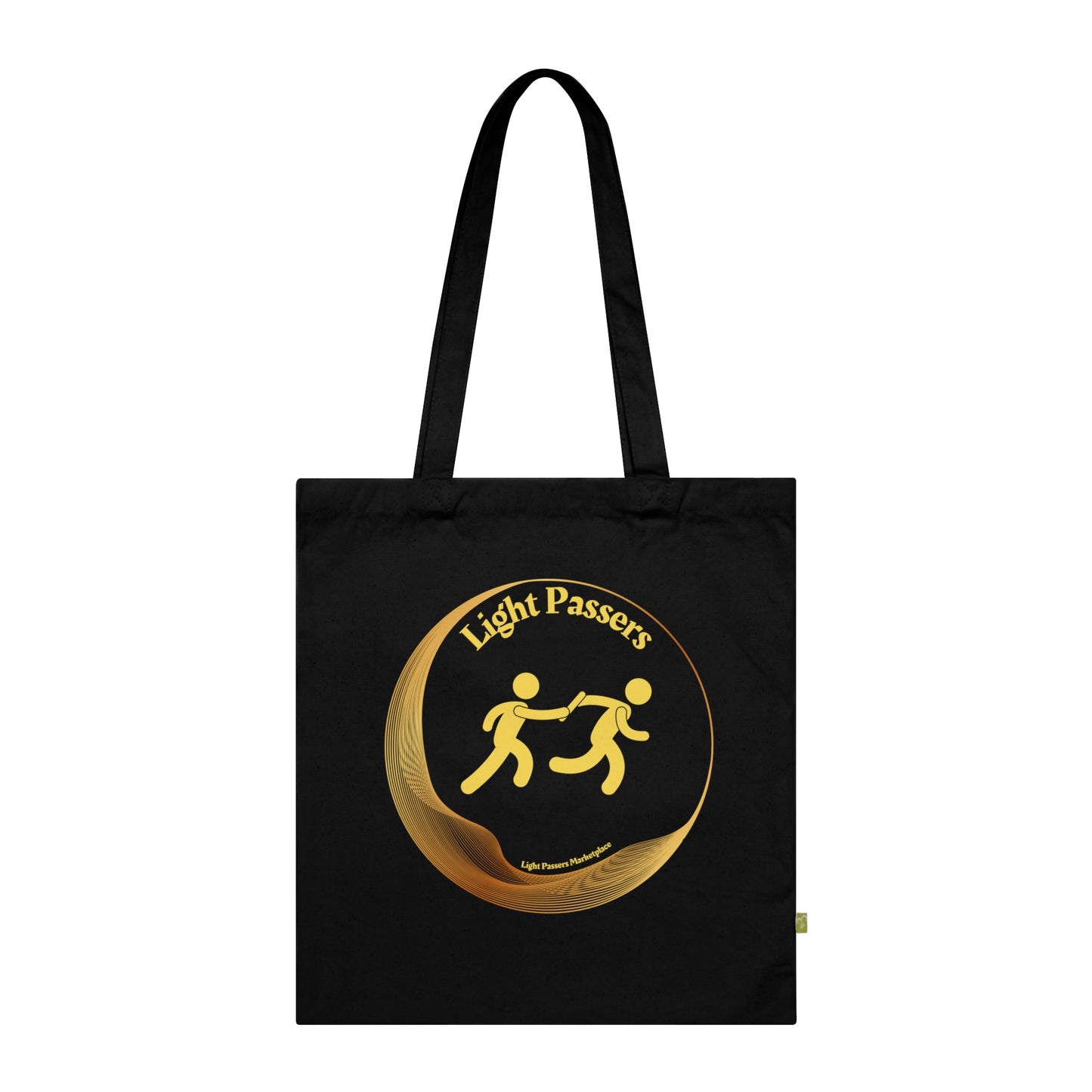 Light Passers Logo with relay Organic Cotton Tote Bag featuring a yellow logo of two people in a circle on a durable black canvas.