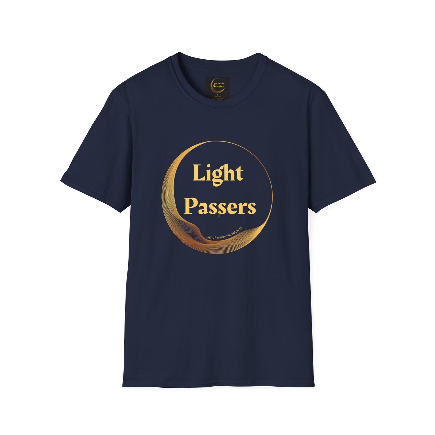 A blue shirt featuring a gold logo design, made of 100% cotton with a classic fit. No side seams for comfort, suitable for casual wear.