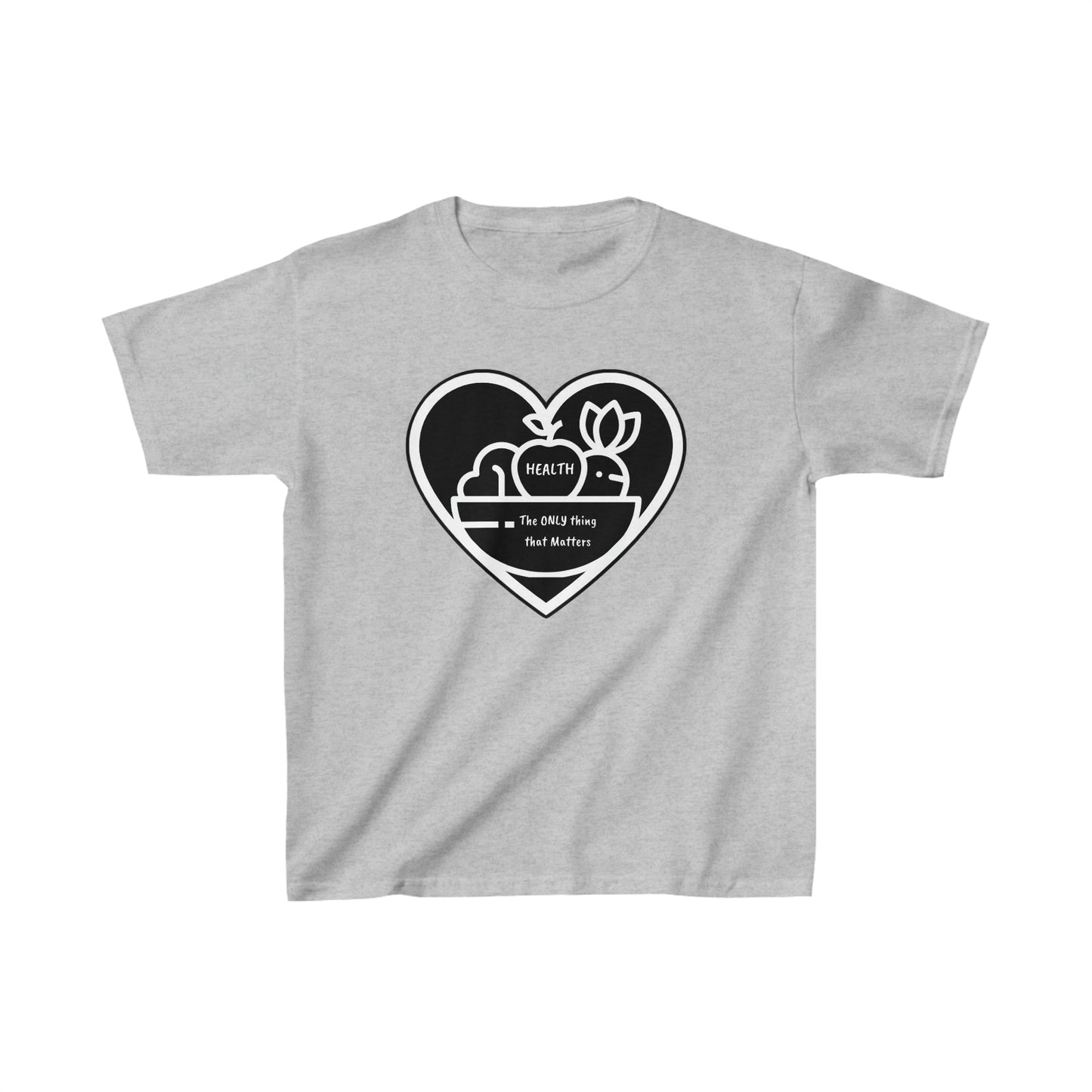 Youth t-shirt featuring a heart, flower, and fruit bowl design. Made of 100% cotton with twill tape shoulders for durability. Ethically sourced and Oeko-Tex certified for quality.