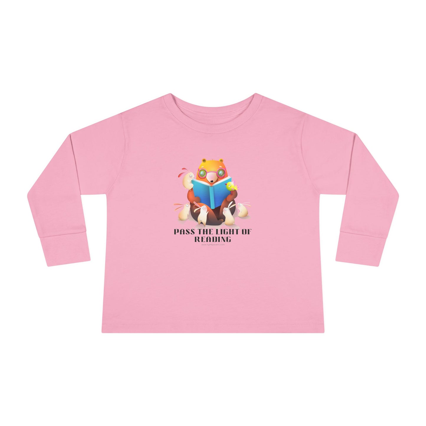 Toddler Long Sleeve Pass the Light of Reading featuring a cartoon bear and bunnies reading, crafted for durability and comfort with 100% combed ringspun cotton.