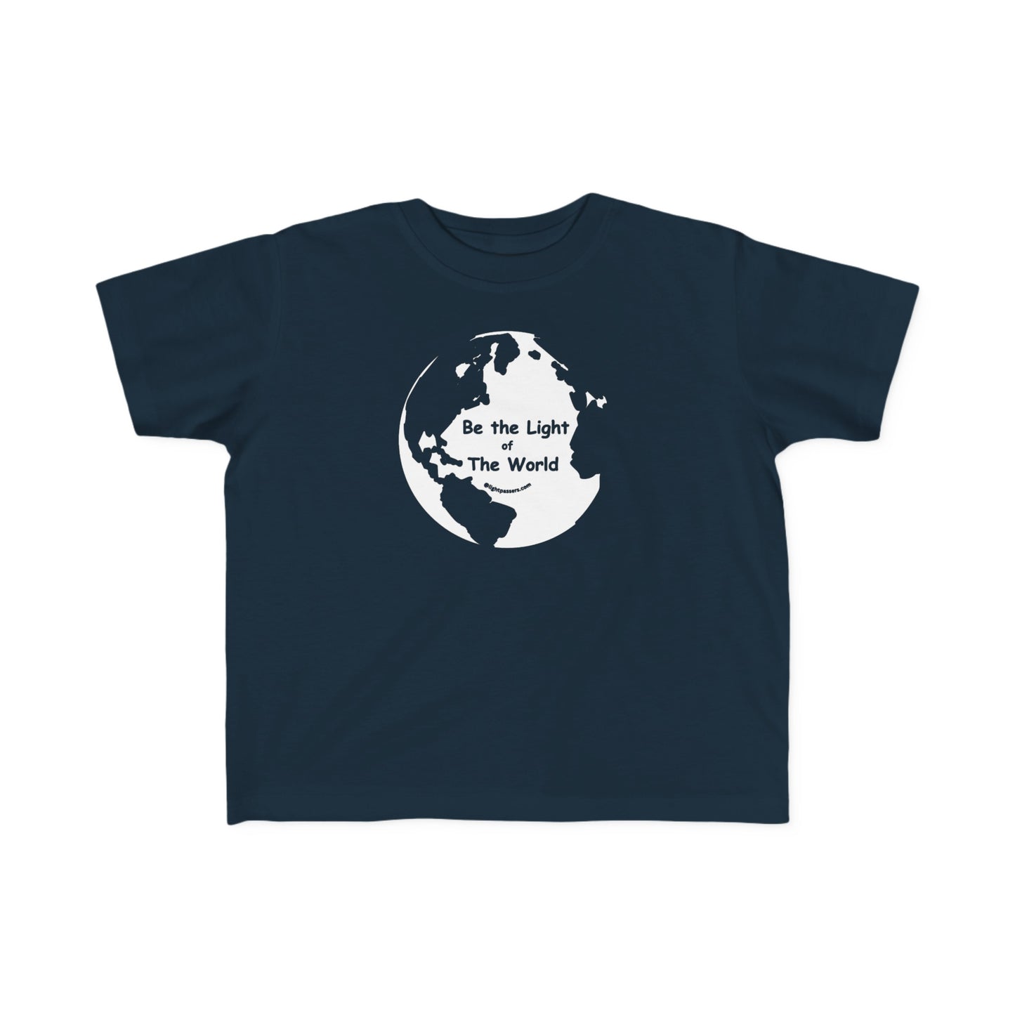 Toddler t-shirt featuring a blue shirt with a white globe and text design. Made from 100% combed, ring-spun cotton for softness and durability. Ideal for sensitive skin and first adventures.