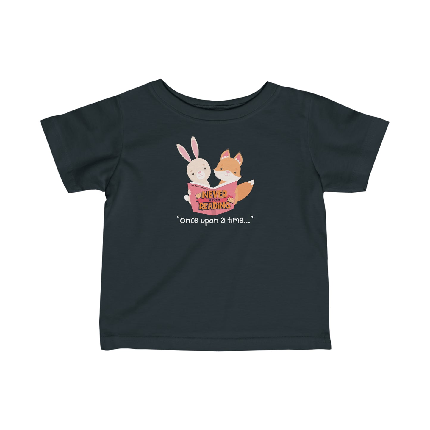 Infant black tee with cartoon fox and rabbit reading a book. Side seams, ribbed knitting, and taped shoulders for durability and comfort. 100% Combed ringspun cotton. Classic fit.
