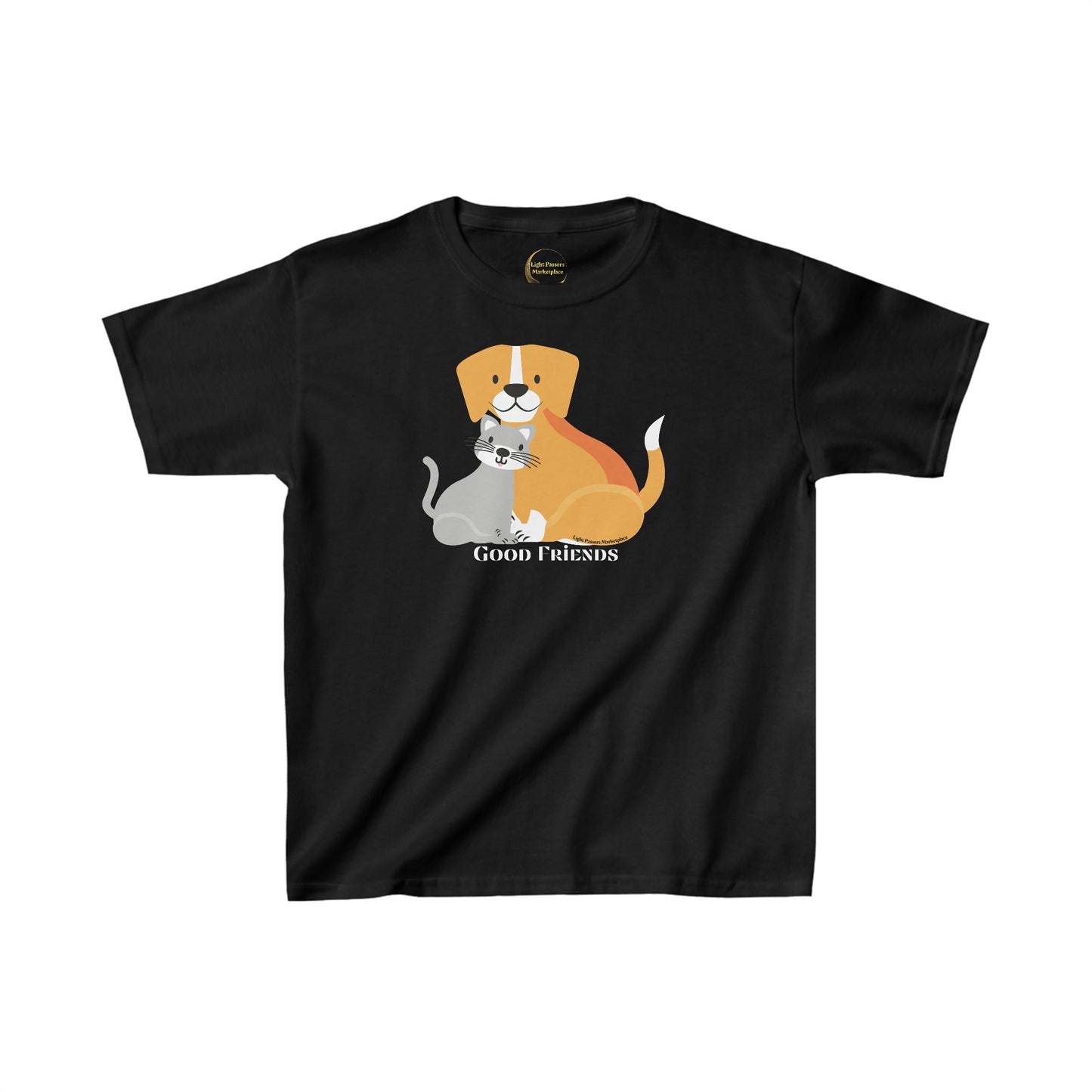 Youth cotton t-shirt featuring a cartoon cat and dog design. Made of 100% cotton with twill tape shoulders for durability. Classic fit with tear-away labels for comfort. Ethically sourced US cotton.