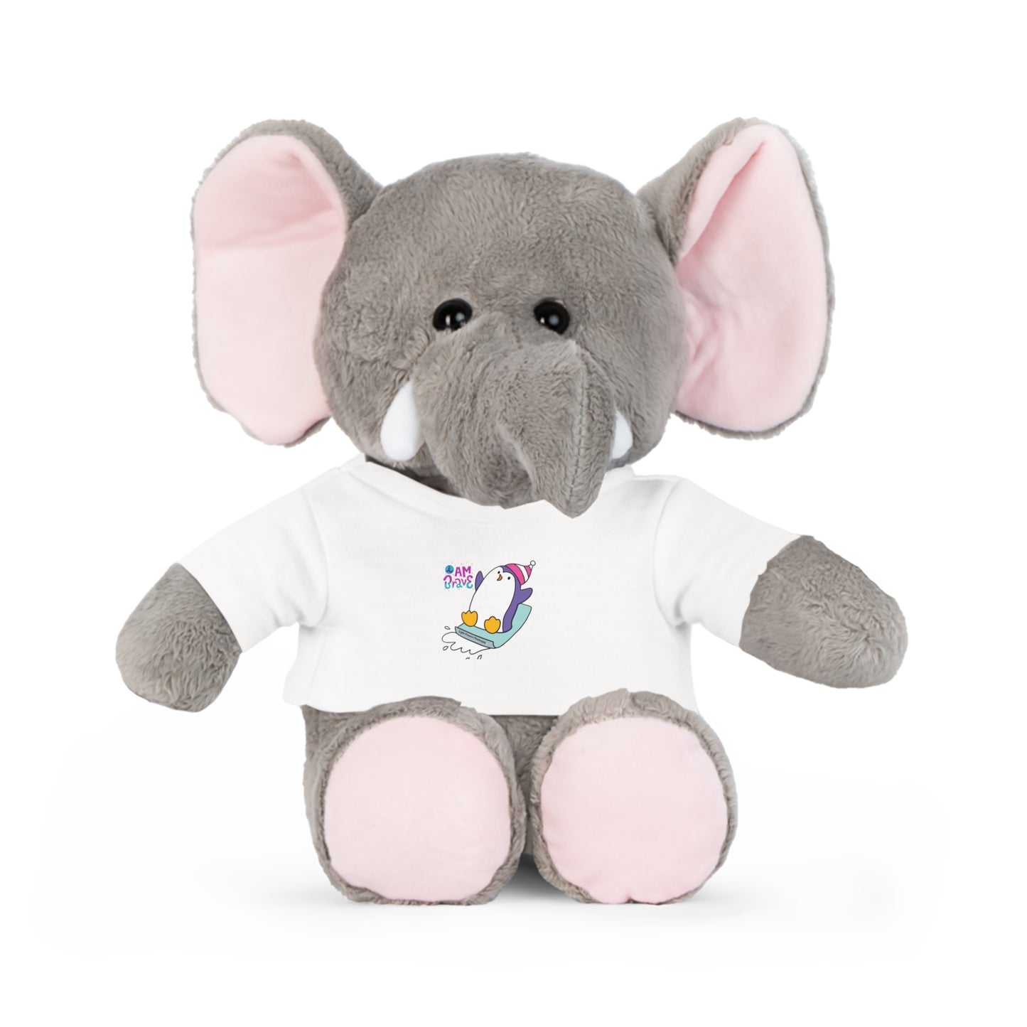 Stuffed elephant in a white Brave Penguin t-shirt, part of Cool Stuff Stuffies collection, featuring a removable shirt for easy washing.