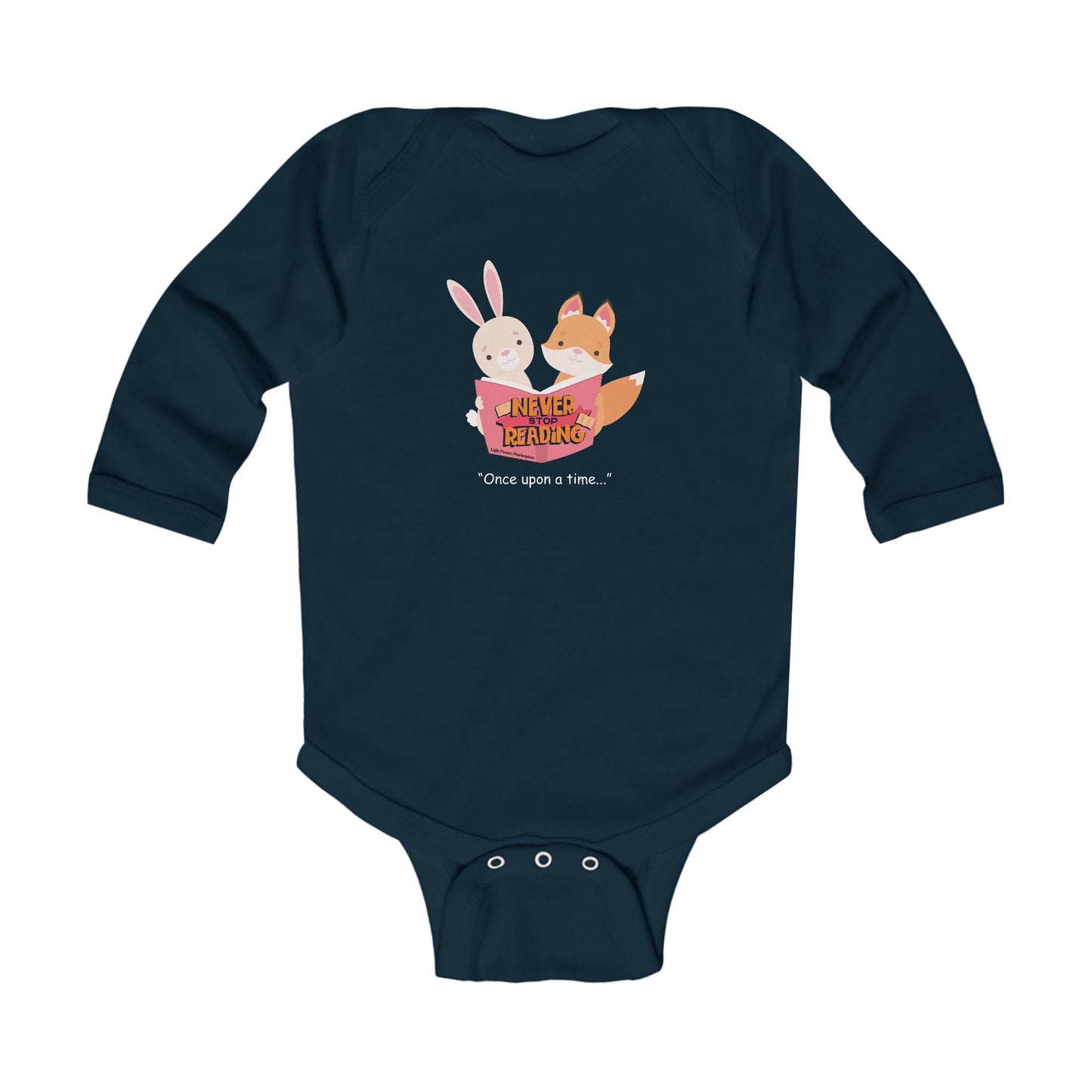 Never Stop Reading Long Sleeve Baby Bodysuit featuring a cartoon fox and rabbit reading a book, with plastic snaps for easy changing, designed for comfort and durability.