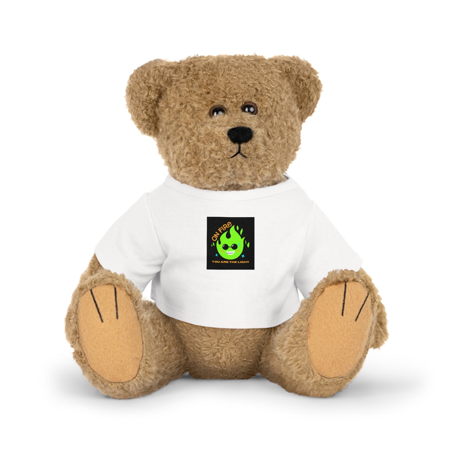 Plush Toy Bear Stuffie wearing a white shirt with 'On Fire You are the Light', featuring a green fire logo on the back.