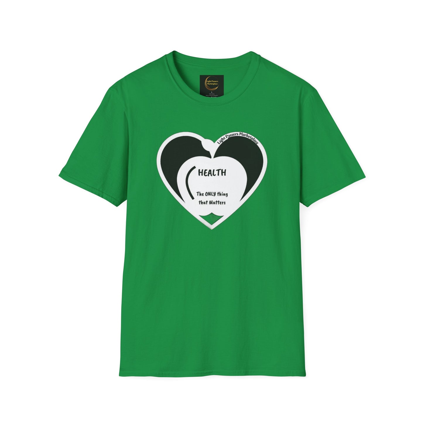 Health Green T shirt with abstract Apple in black and white. Health is the only thing that matters.