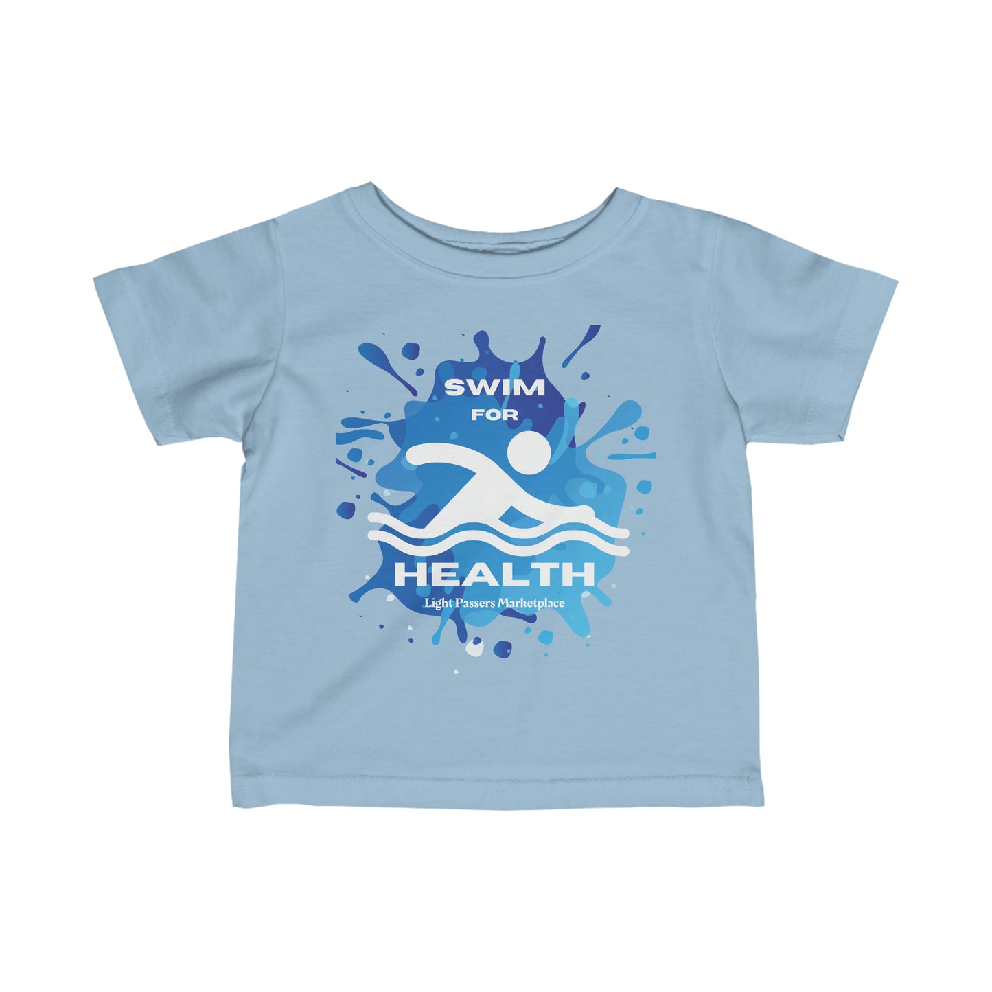 Infant fine jersey tee with Swim for Health, side seams, ribbed knitting, and taped shoulders for durability and comfort. Swim for Health Baby T-shirts.