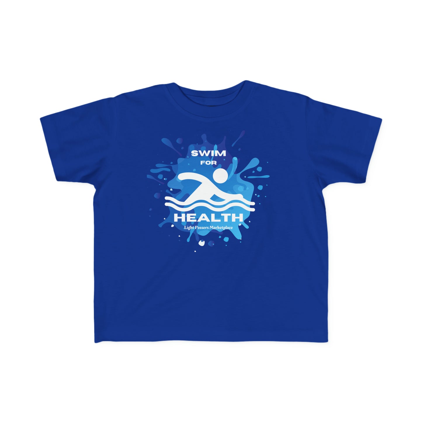A toddler's Swim for Health T-shirt, featuring a blue tee with a logo and splashes. Made of 100% combed cotton, light fabric, and a tear-away label for comfort and durability.