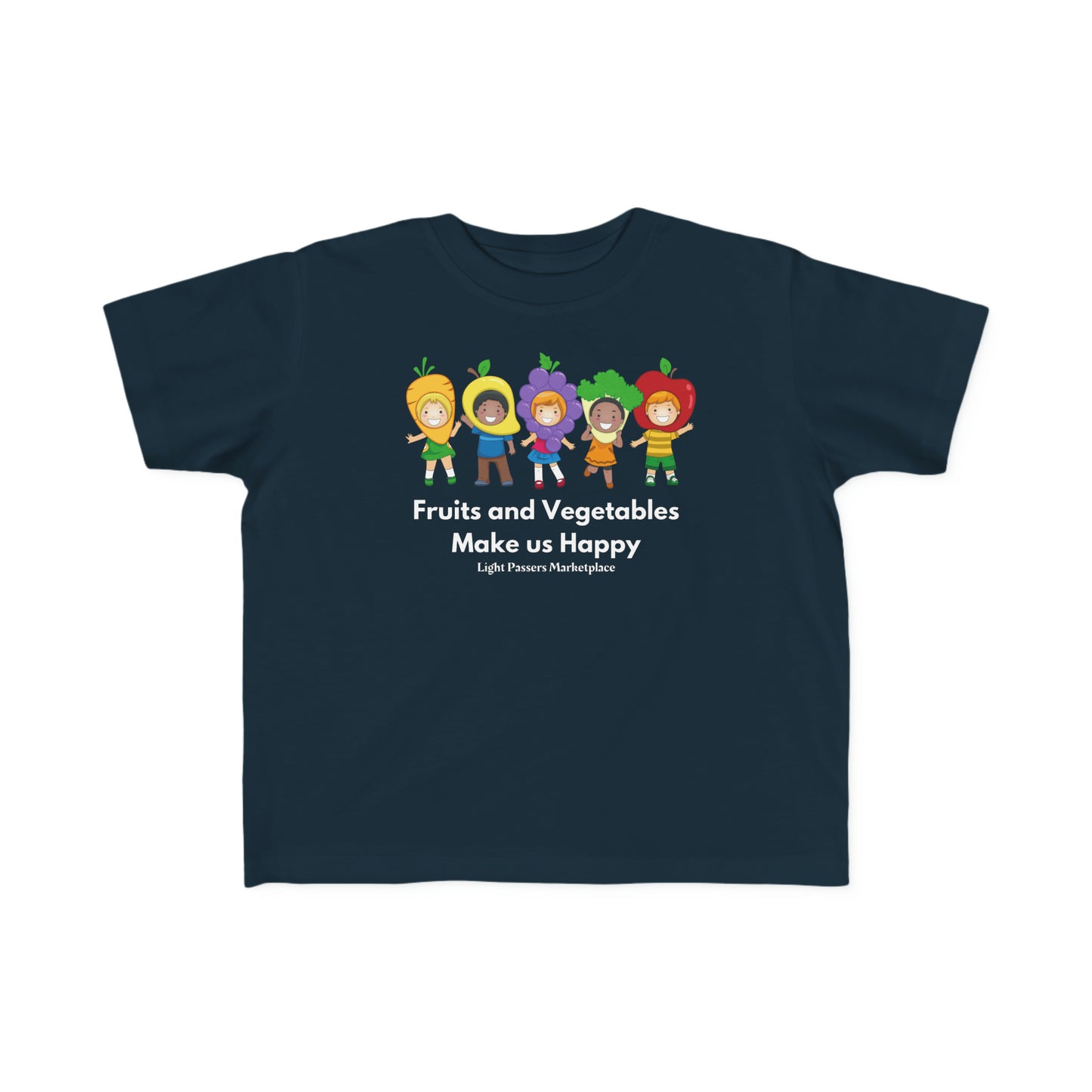 A toddler's tee featuring cartoon characters in fruit and vegetable outfits. Made of 100% combed cotton, light fabric, tear-away label, and a classic fit. Ideal for sensitive skin.