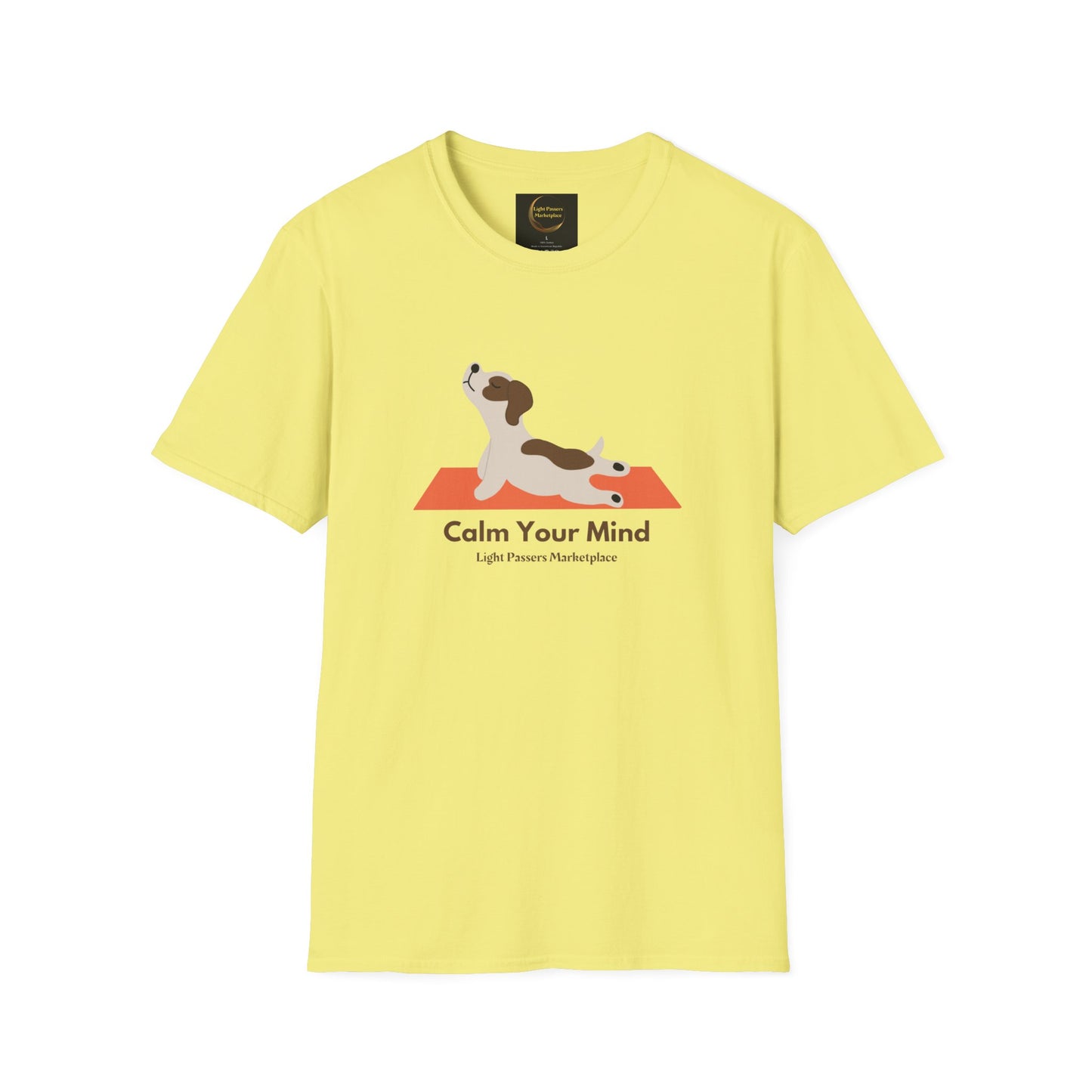 A soft, 100% cotton unisex t-shirt featuring a serene dog doing yoga. Lightweight and durable with a crew neckline, perfect for everyday comfort and style. Ethically made with no side seams for a seamless look.